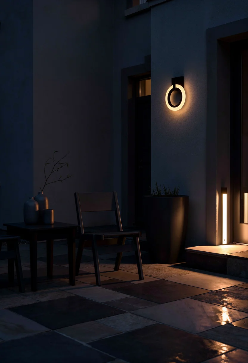 Modern house exterior with garage featuring charcoal dining chair with anthracite planter on stone paved terrace evening mood