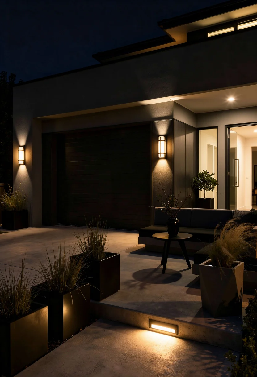 Modern house exterior with garage featuring black gray sectional sofa with black cube planter on ribbed garage terrace evening mood