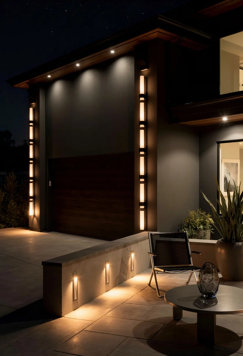 Exterior lights on house modern featuring black vertical wall light with black cornice LED sconce on clean-lined facade evening mood