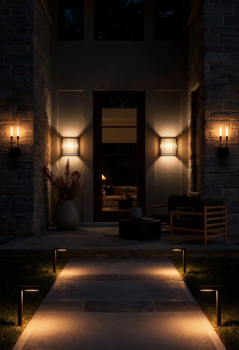 Exterior lights on house modern featuring black estadio wall light with black lisse wall sconce on stone facade evening mood