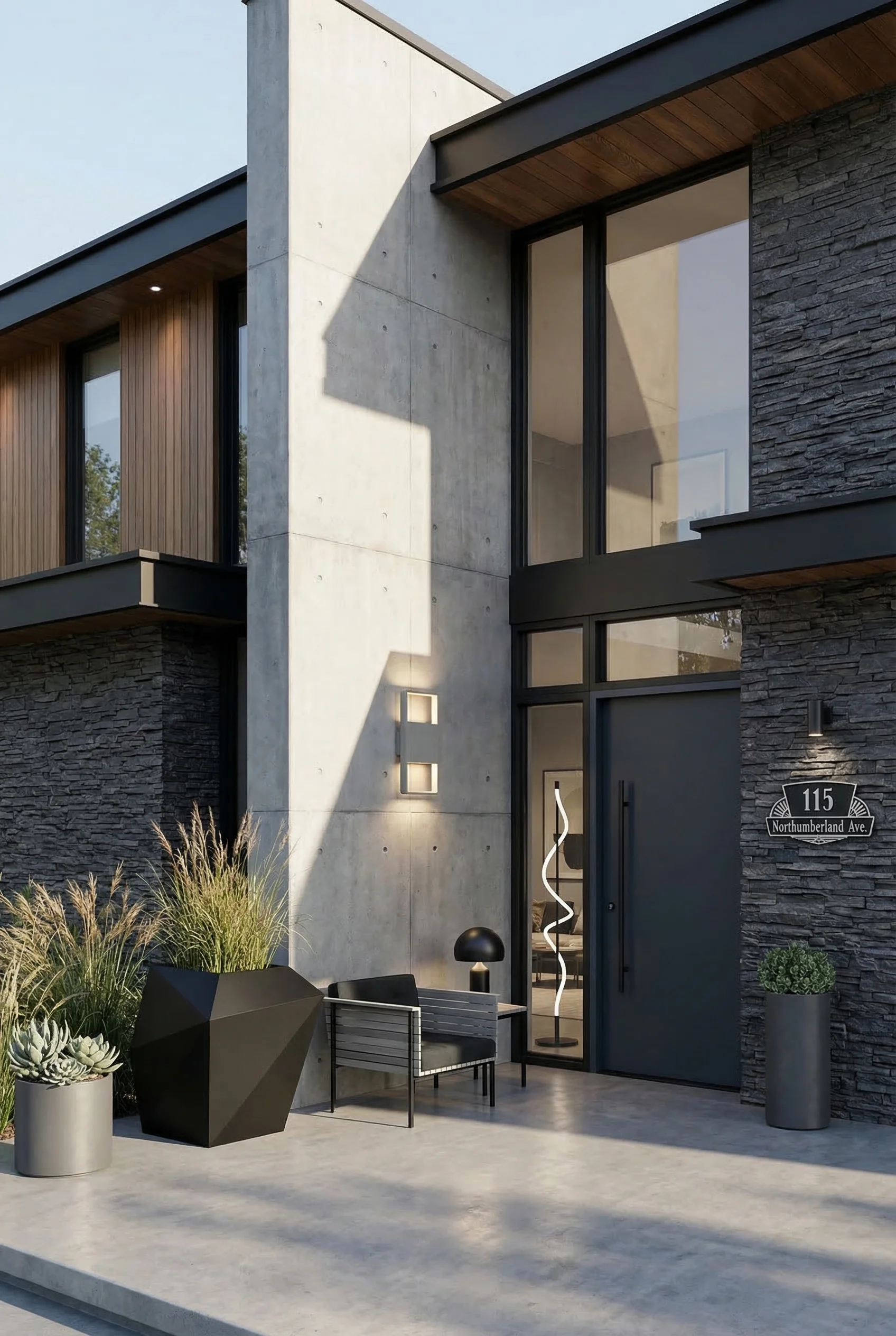 Modern exterior roof design featuring gray aluminum wall sconce with angular black planter