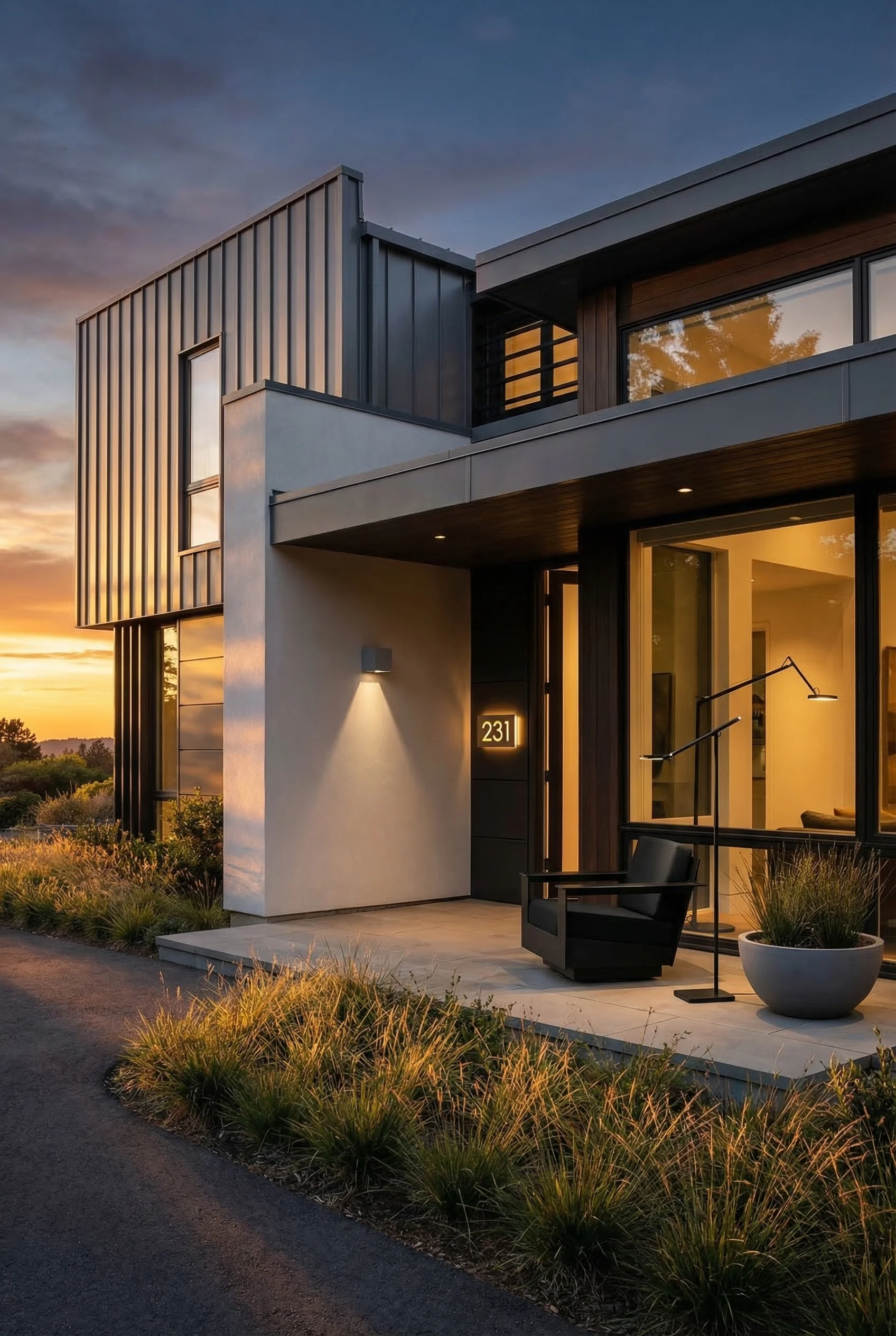 Modern exterior roof design featuring gray wall sconce with gray bowl planter at dusk
