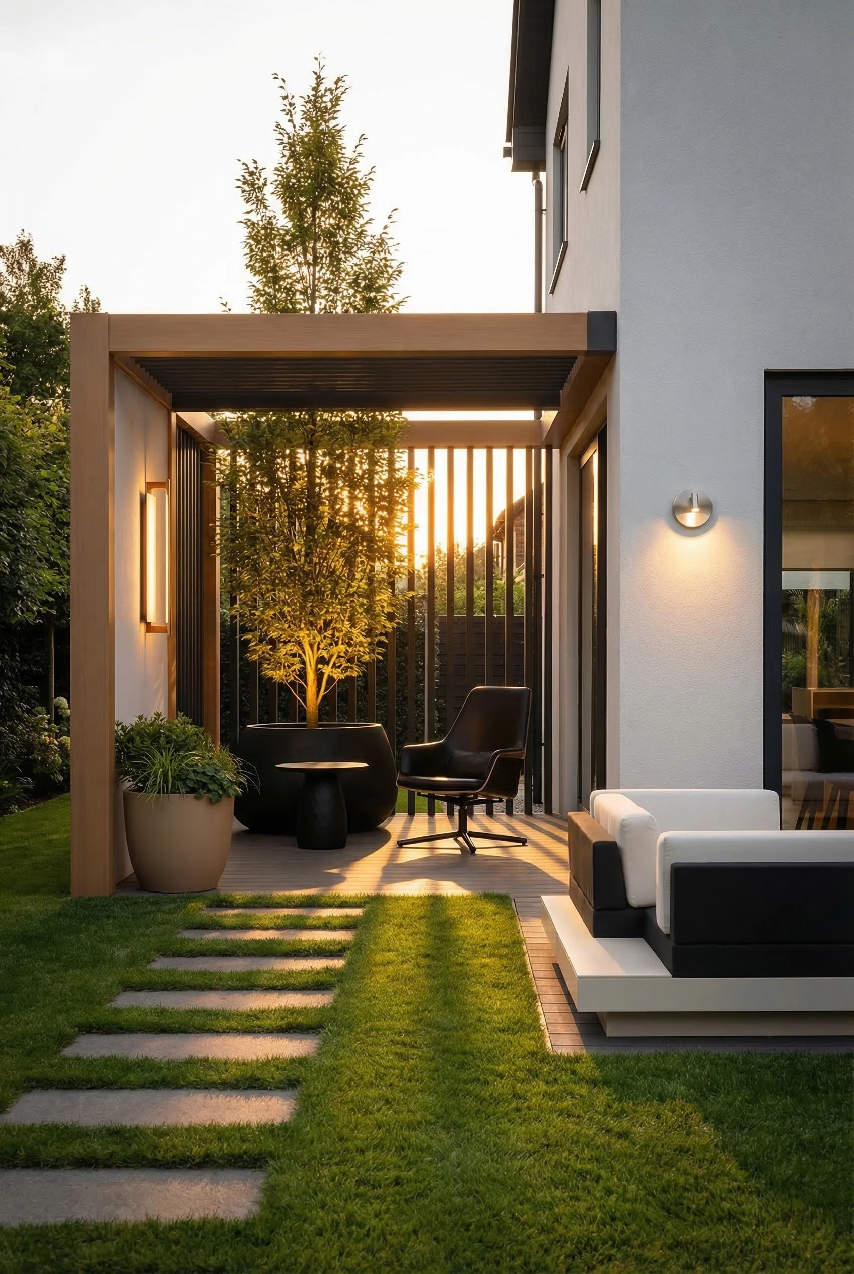 Modern house exterior with garden featuring black lock lounge chair with black stone planter under pergola deck