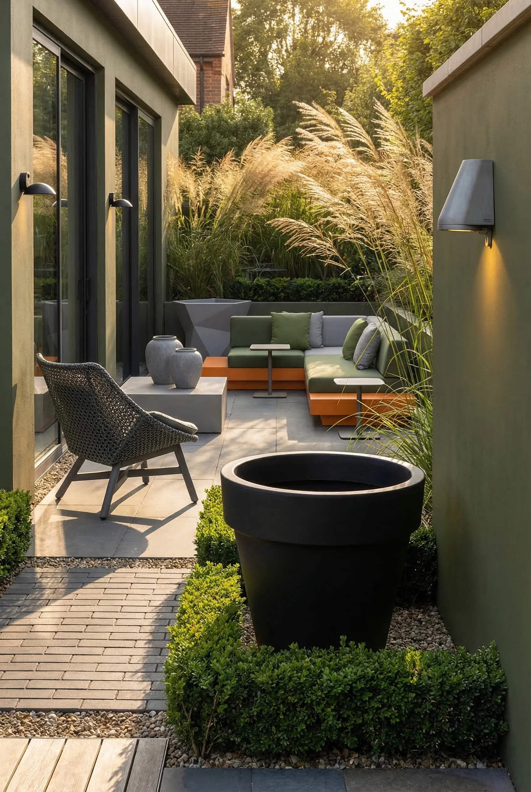 Modern house exterior with garden featuring dark gray lounge chair with black maceta planter among ornamental grasses