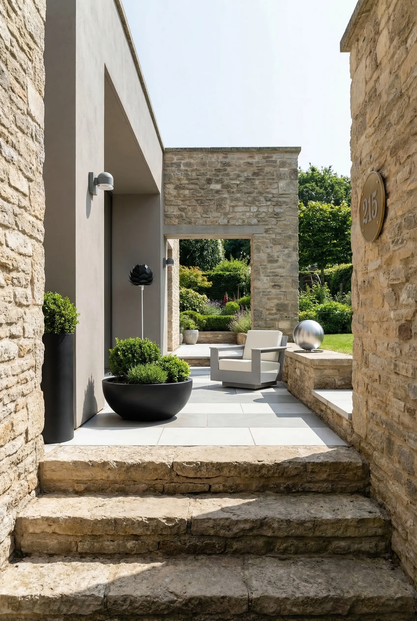 Modern house with stone accent featuring gray wall light with black bowl planter on limestone facade