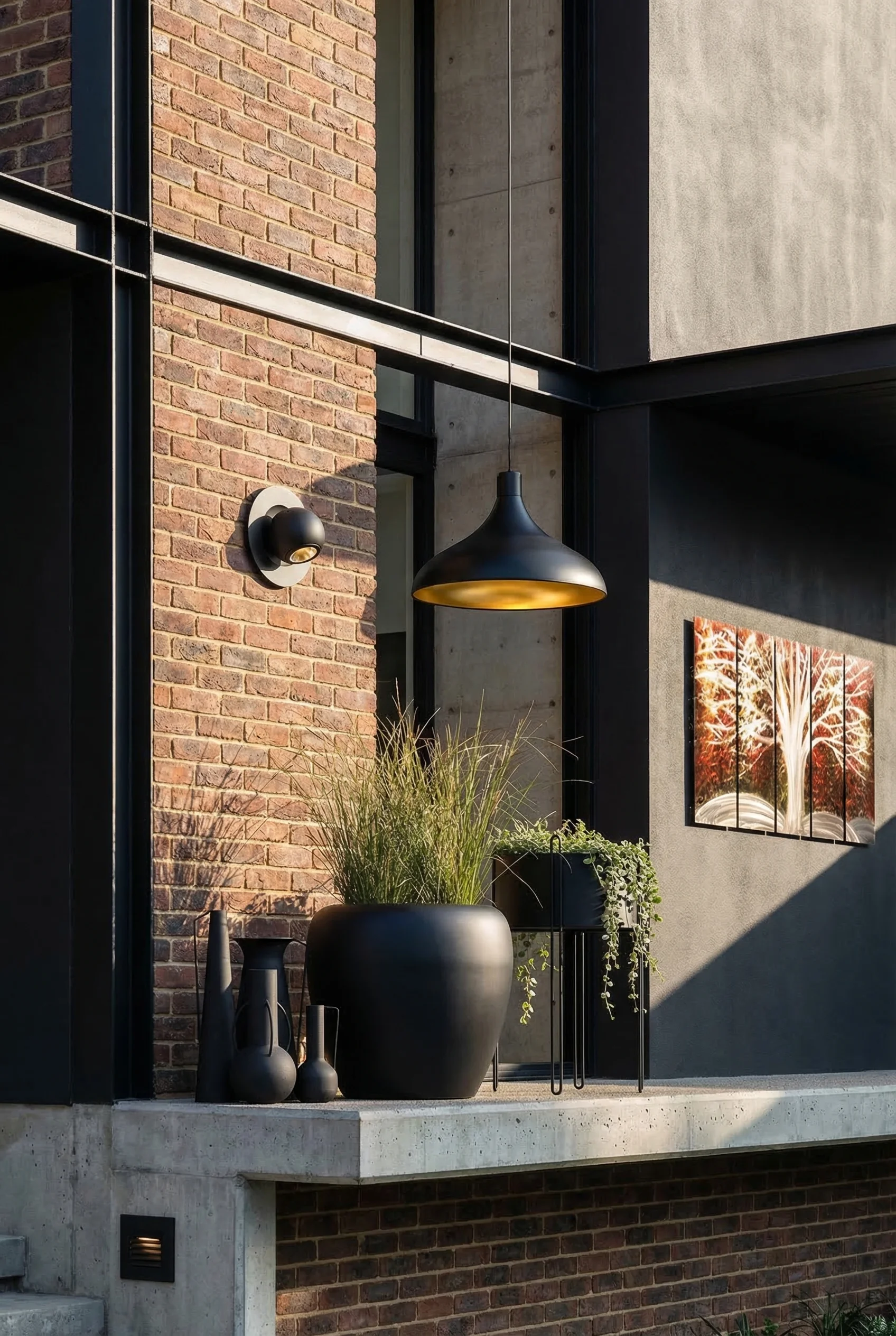 Modern exterior house colors with brick featuring black LED wall sconce with black pedestal planter