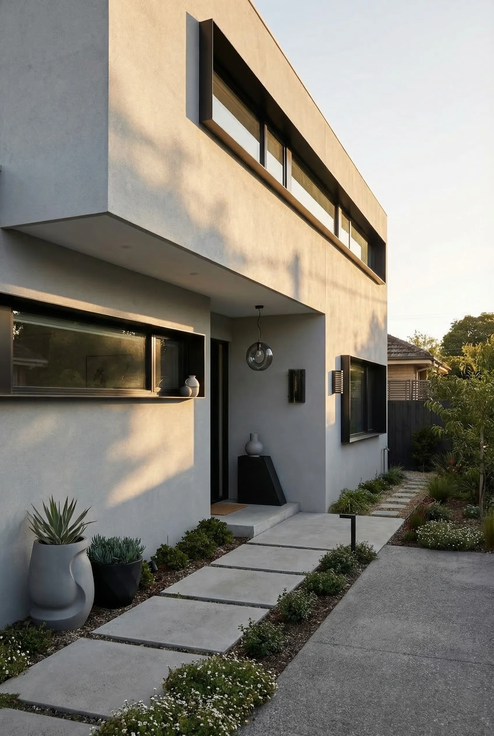 Window styles for homes exterior modern featuring black LED wall sconce with black slope planter on rendered facade
