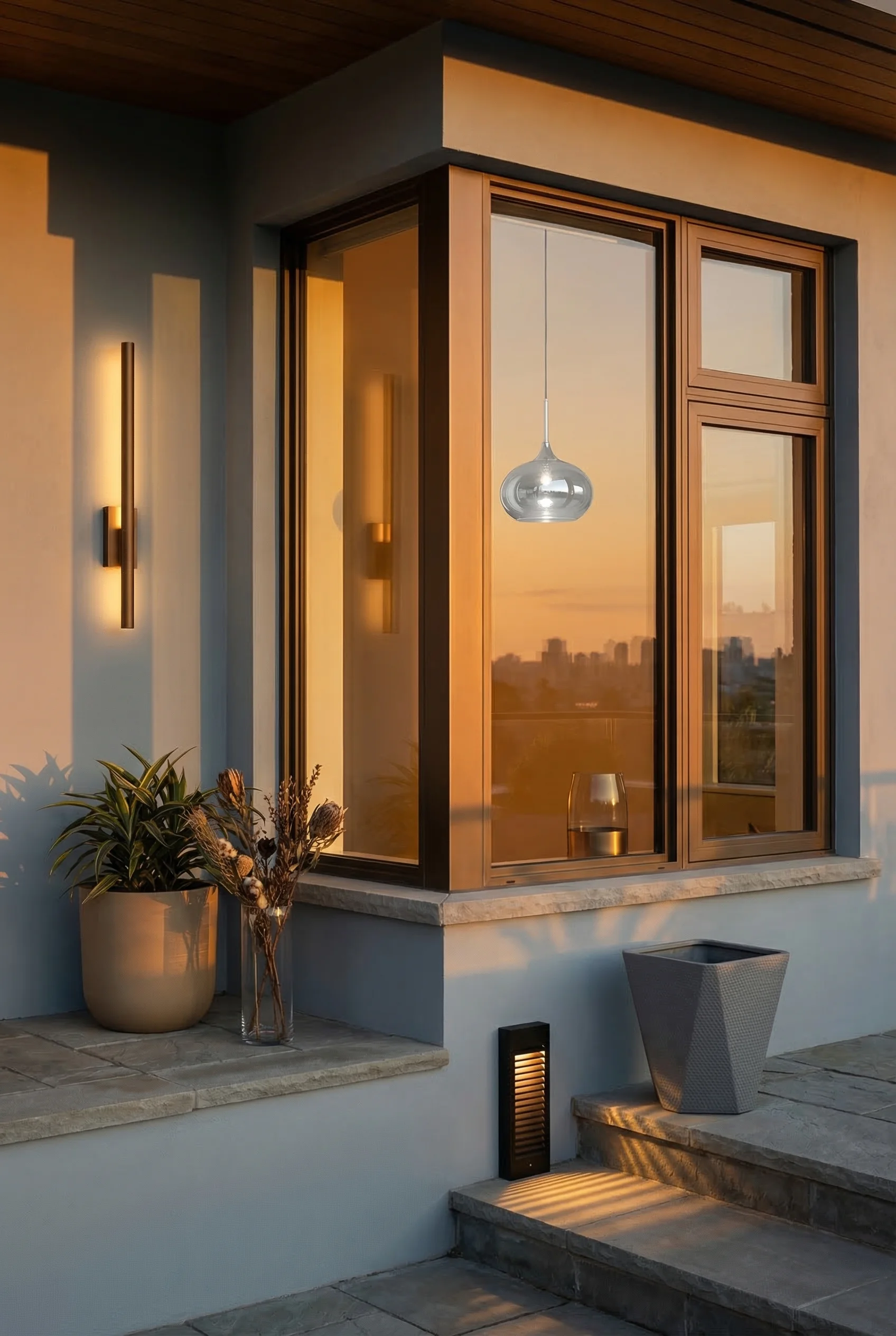 Window styles for homes exterior modern featuring bronze wall sconce with black planter on gray render