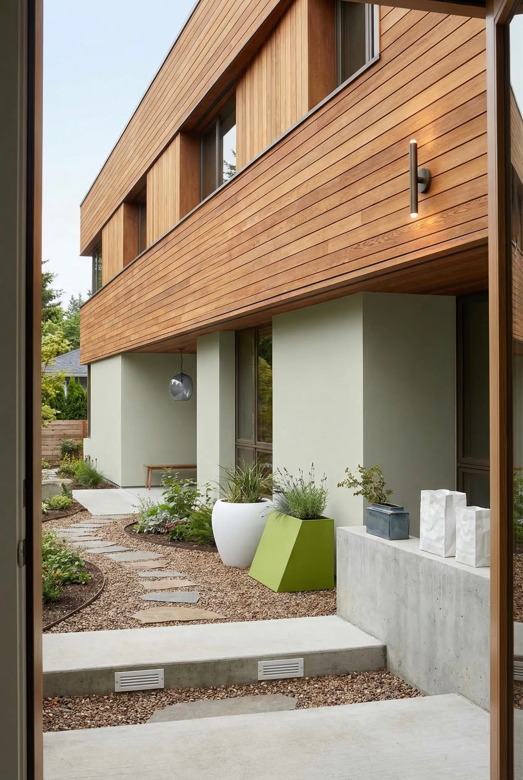 Cedar accents on house exterior modern featuring bronze LED wall sconce with white planter on cedar upper storey