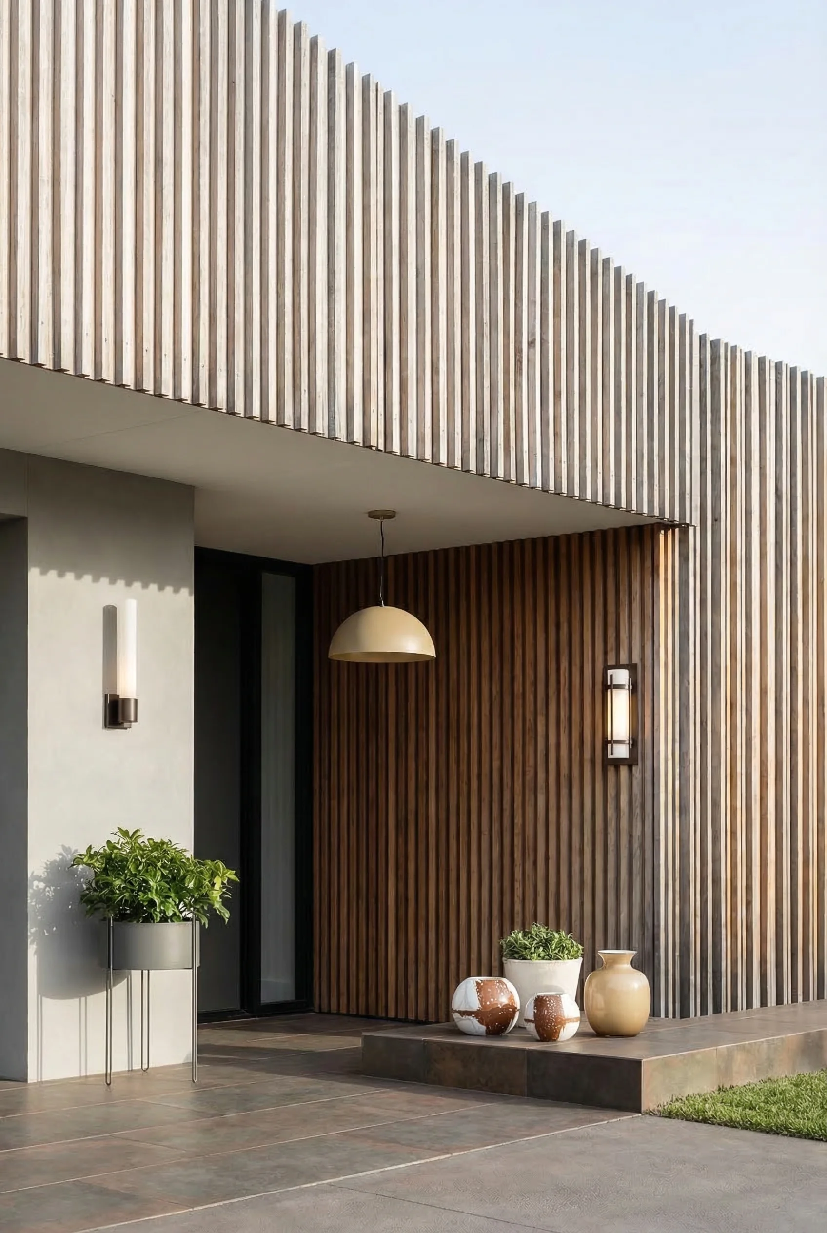 Cedar accents on house exterior modern featuring bronze wall sconce with gray pedestal planter on vertical battens