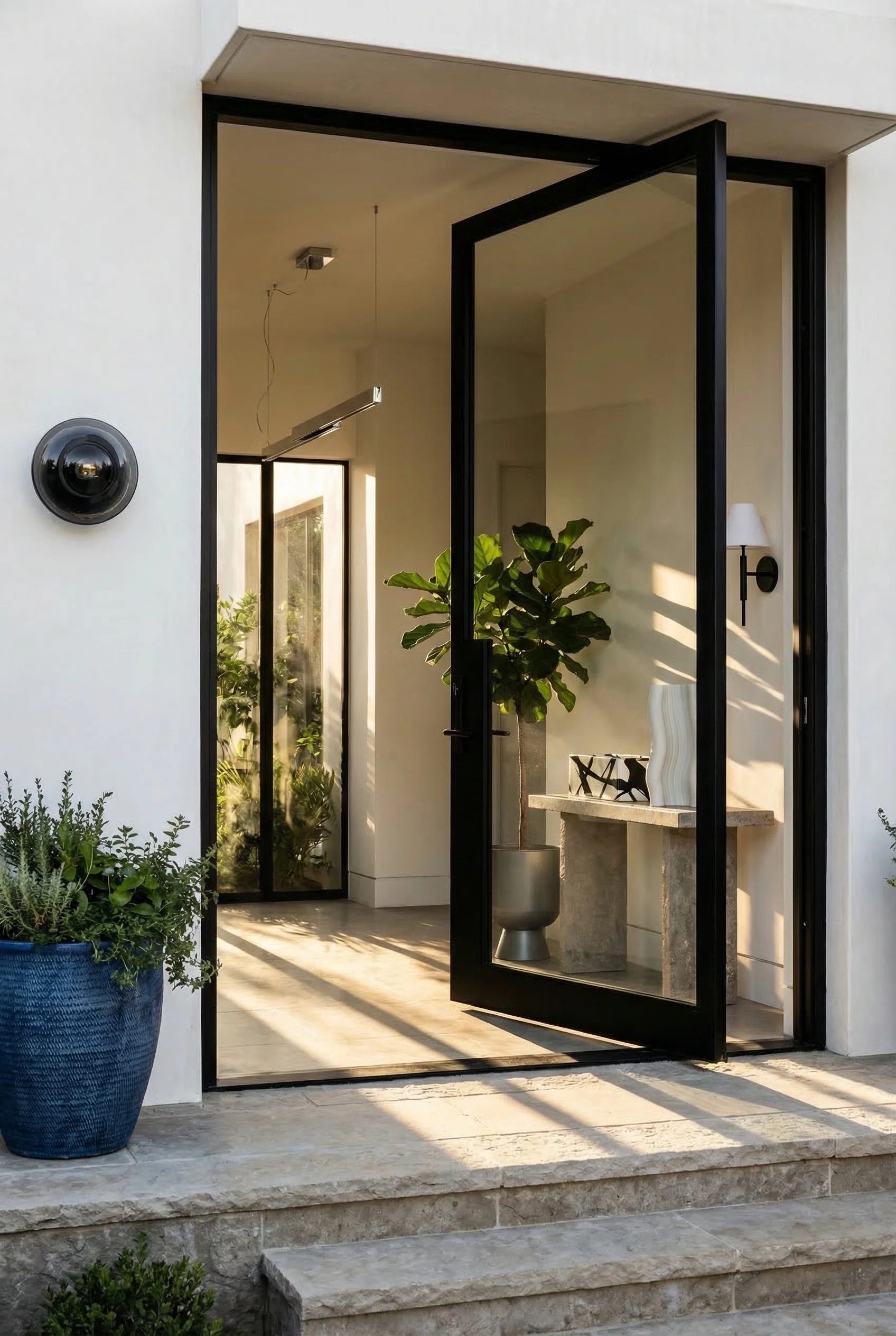 Exterior doors with glass panels modern featuring black wall sconce with gray pedestal planter at pivot entry