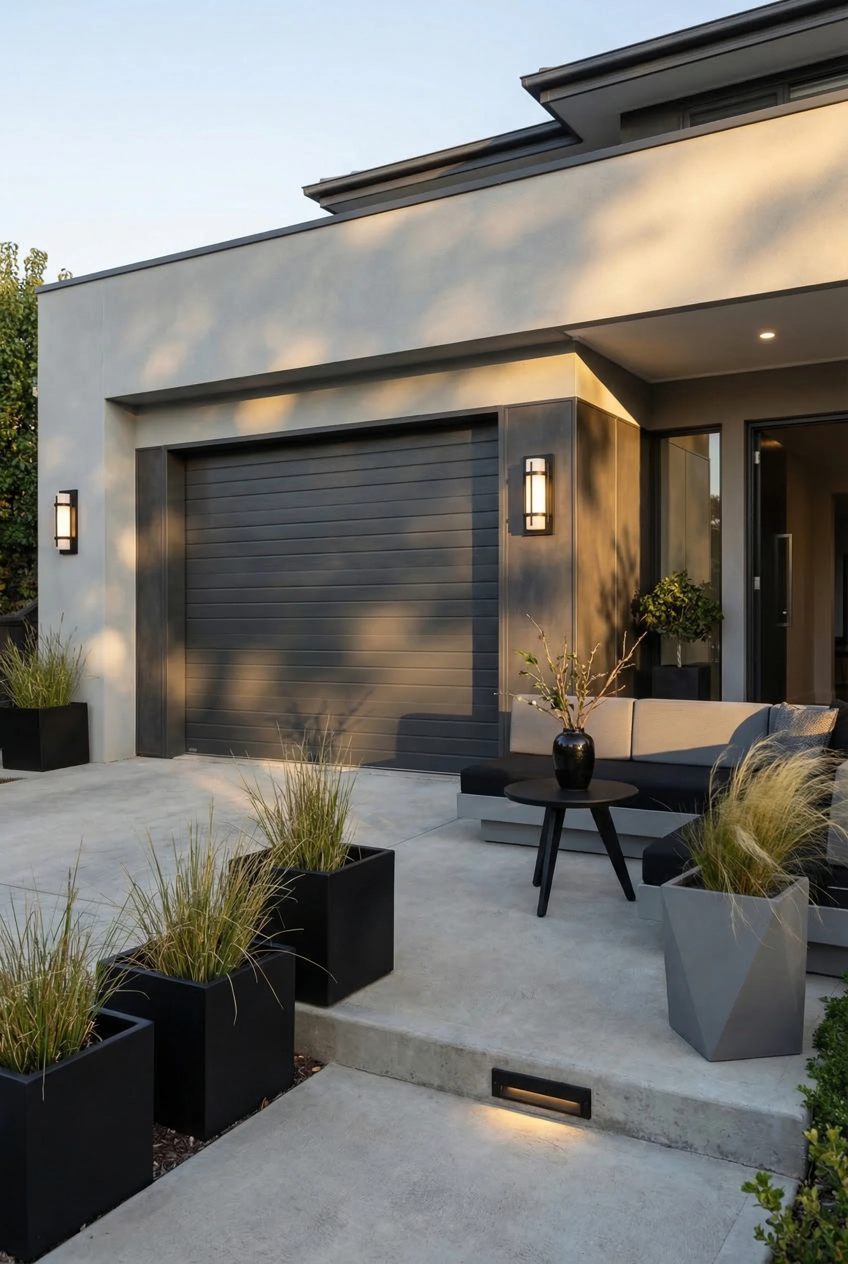 Modern house exterior with garage featuring black gray sectional sofa with black cube planter on ribbed garage terrace