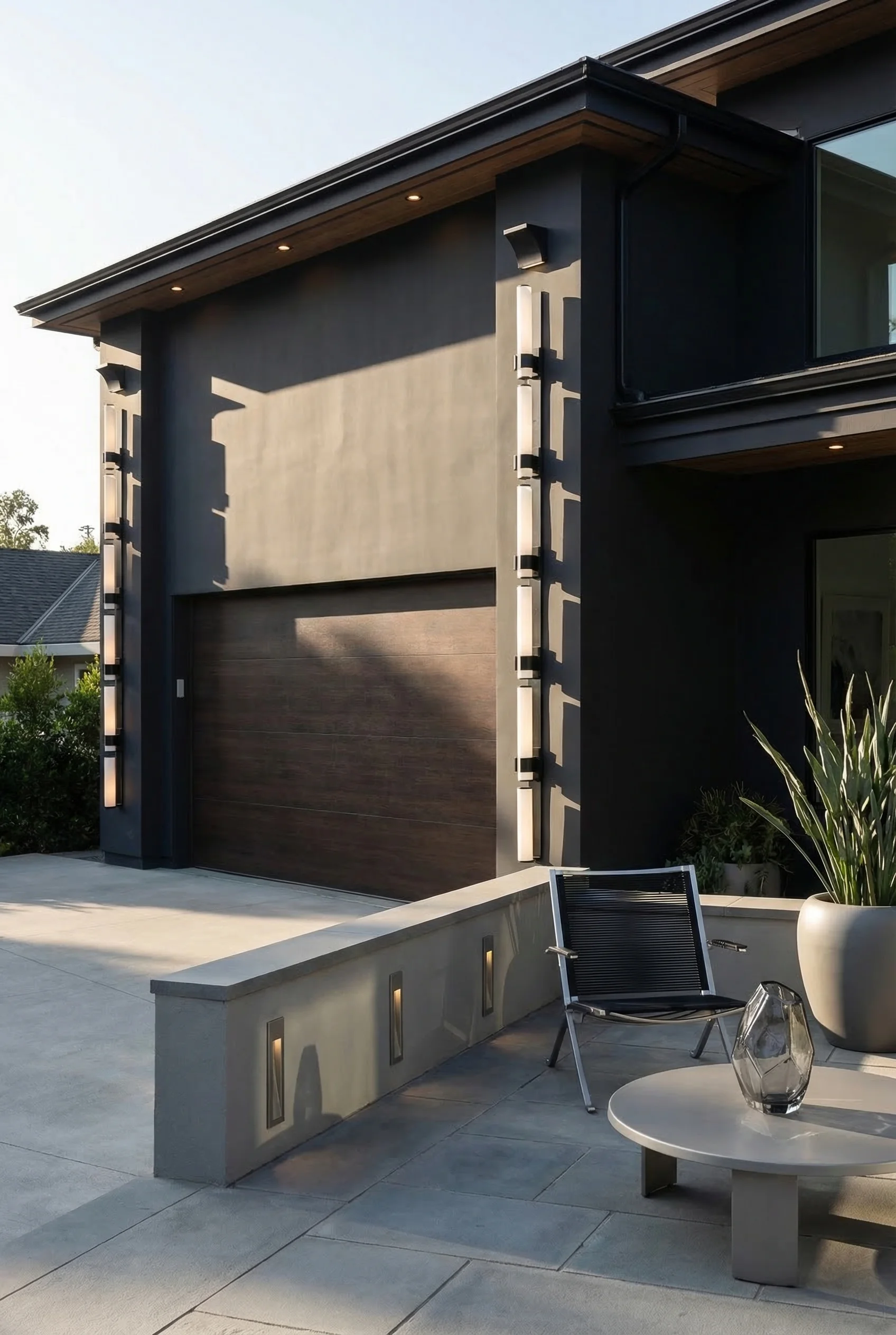 Exterior lights on house modern featuring black vertical wall light with black cornice LED sconce on clean-lined facade