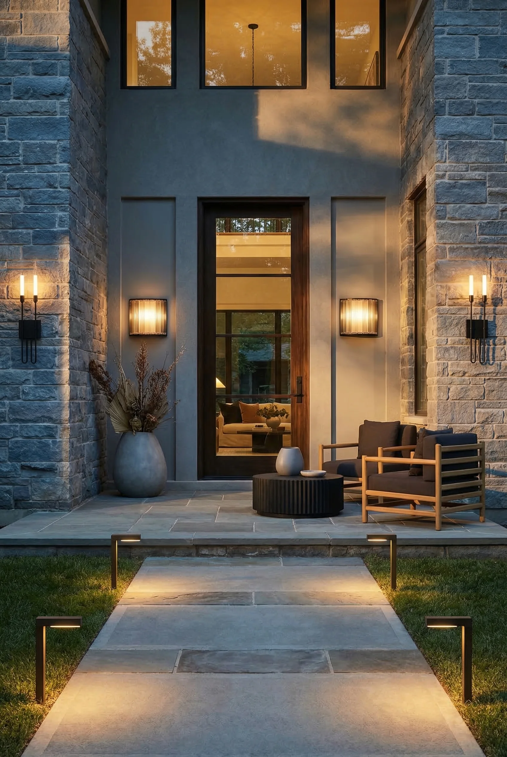 Exterior lights on house modern featuring black estadio wall light with black lisse wall sconce on stone facade