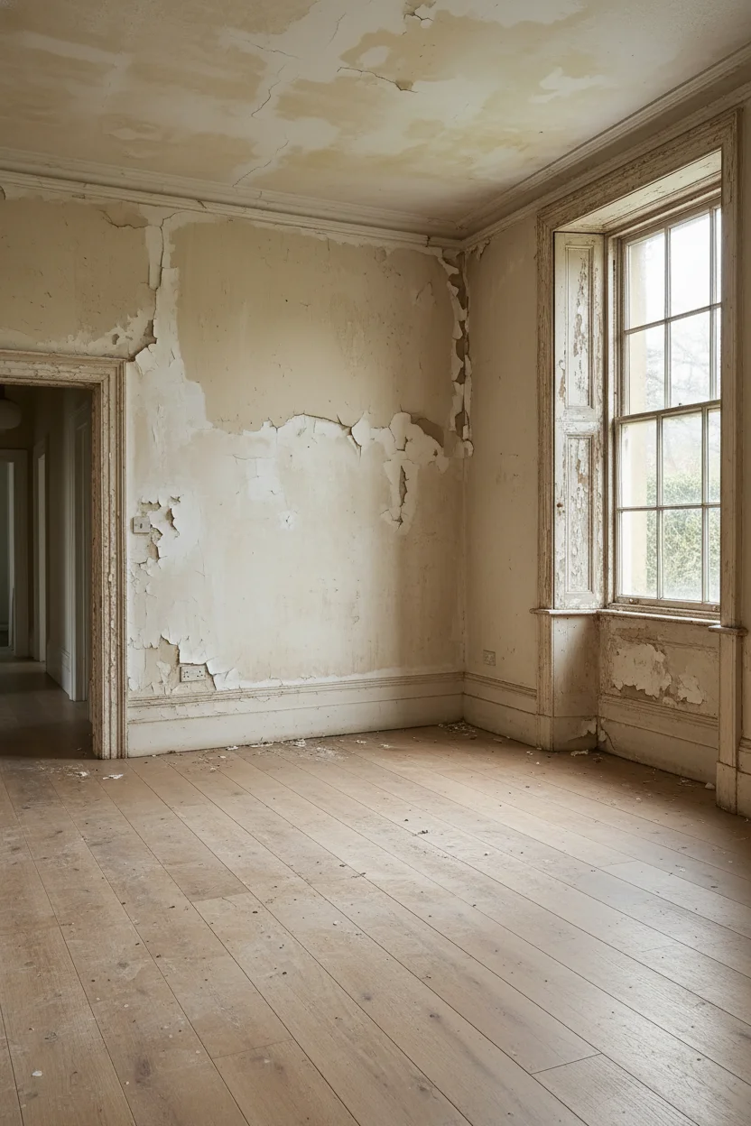 Modern kitchen featuring ivory organic wood pendant with curved oak island and cream walls empty room