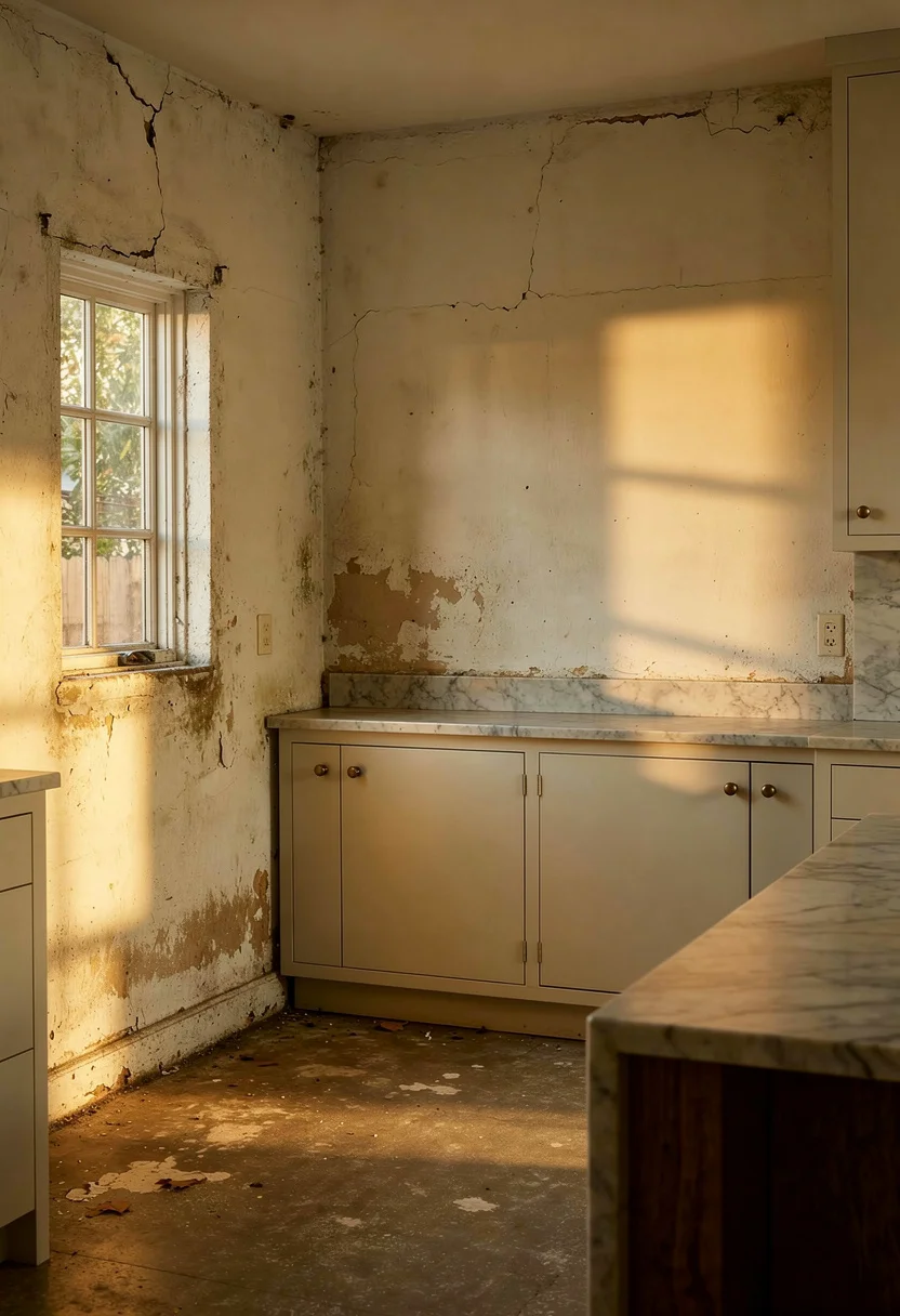 Modern kitchen banquette nook featuring walnut side table with sculptural swirl pendant empty room