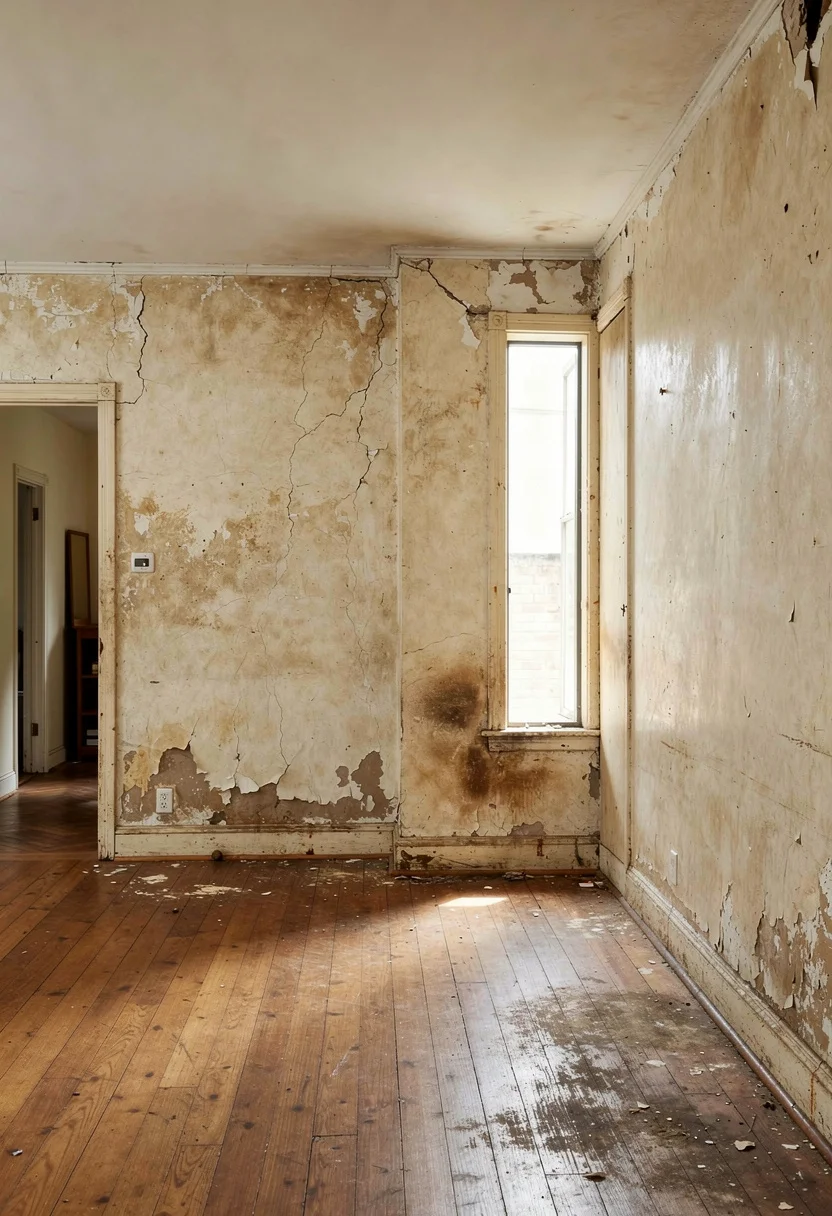 Modern kitchen featuring walnut mid-century credenza with reeded panel cabinetry and ash shelving empty room