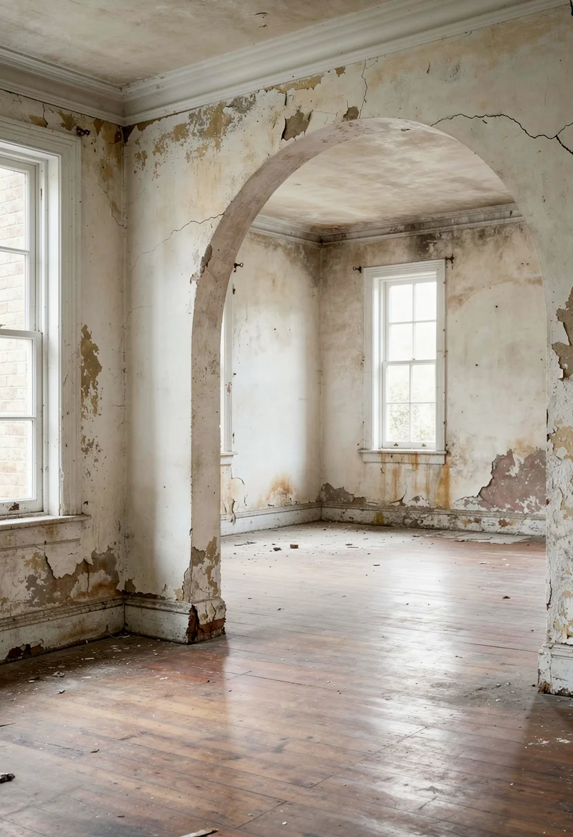 Modern kitchen arch open layout featuring birch pendant light through plastered arch with oak coffee table empty room