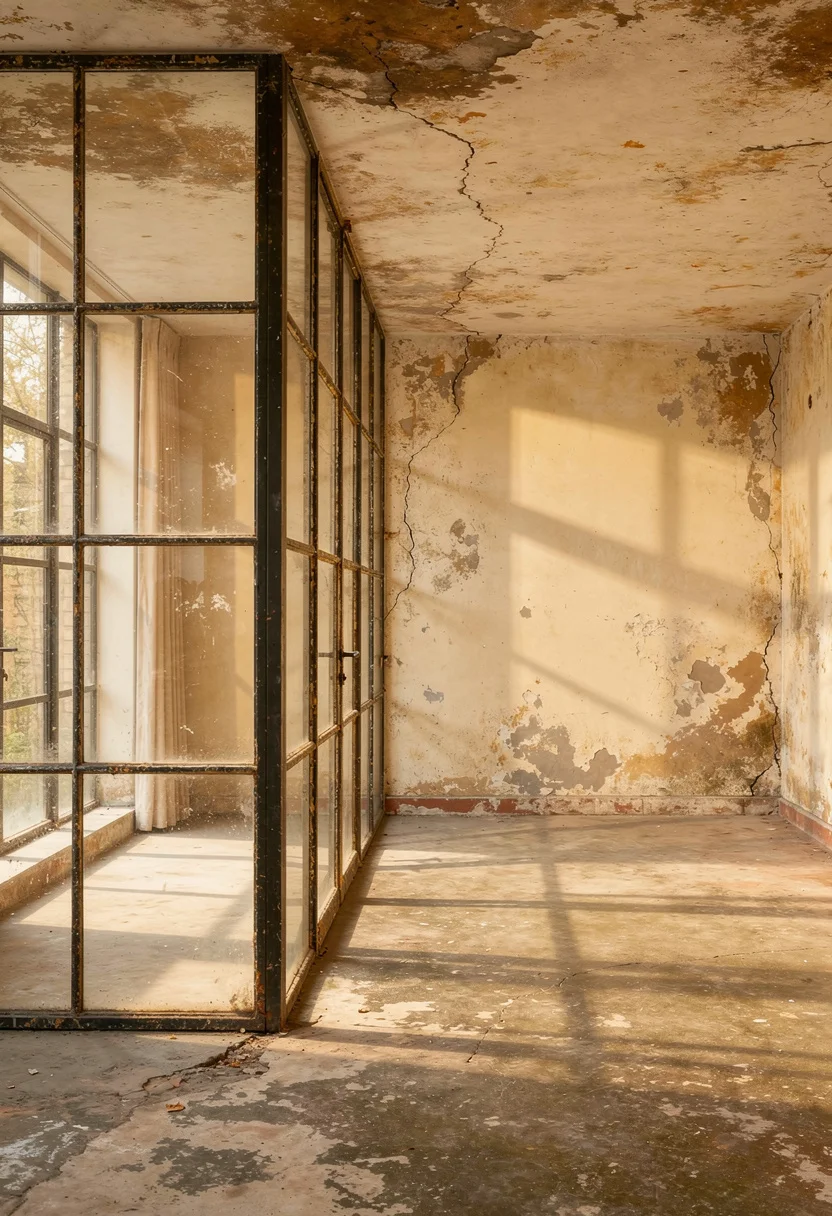 Modern kitchen featuring Crittall glass panel wall with gold cream chandelier and oak shelf empty room