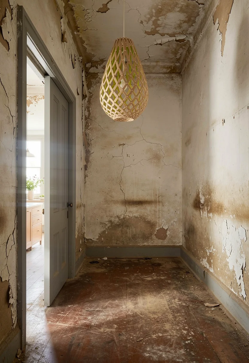 Modern kitchen butler pantry featuring bamboo pendant with green glow over oak bookcase empty room