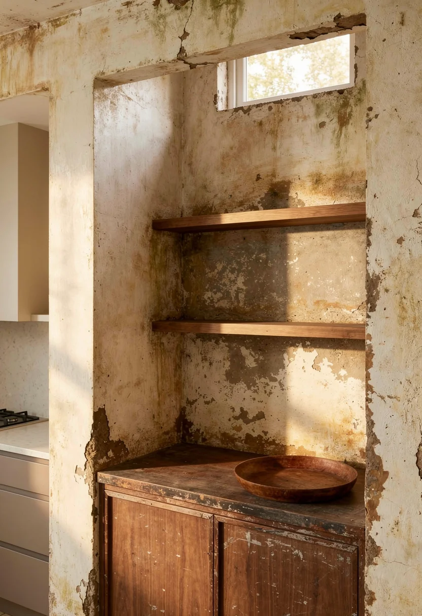 Modern kitchen coffee nook featuring walnut LED table lamp with oak shelving and mountain landscape art empty room