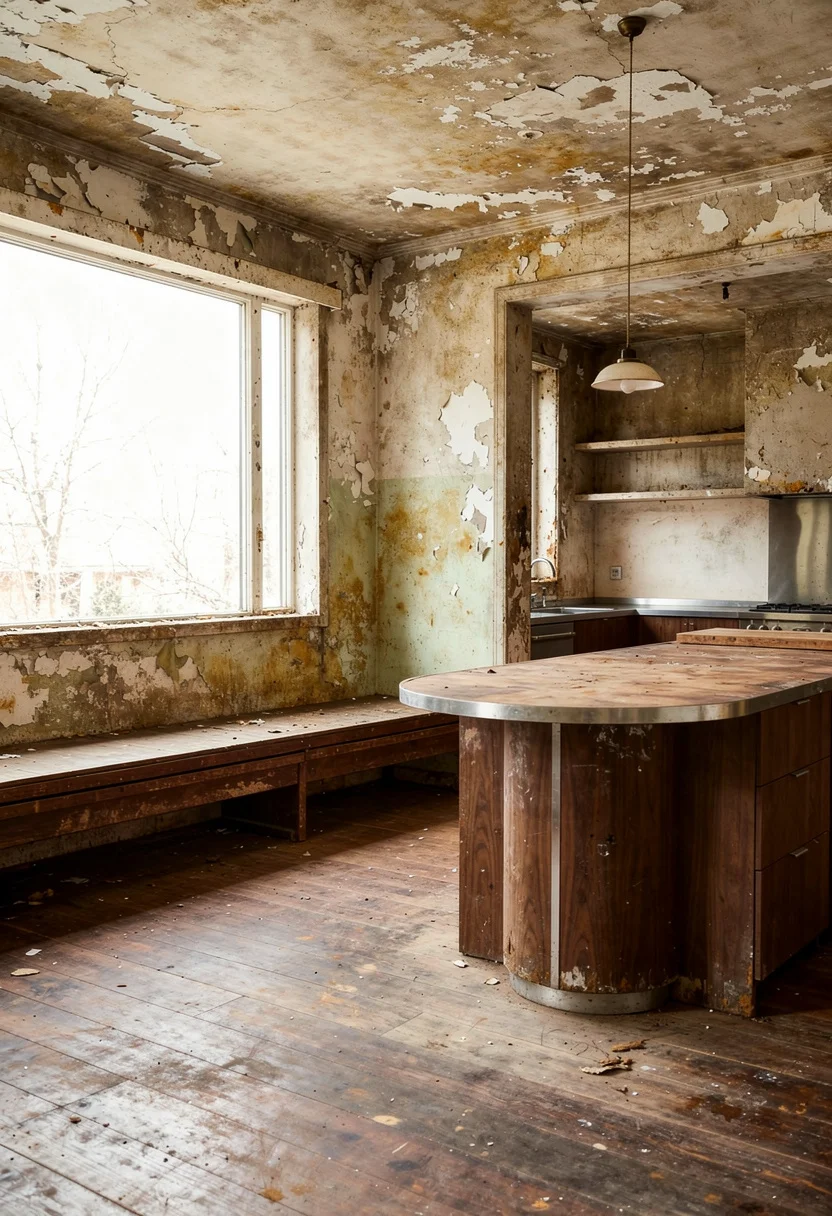 Modern kitchen featuring walnut banquette breakfast counter with amber glass sconce empty room