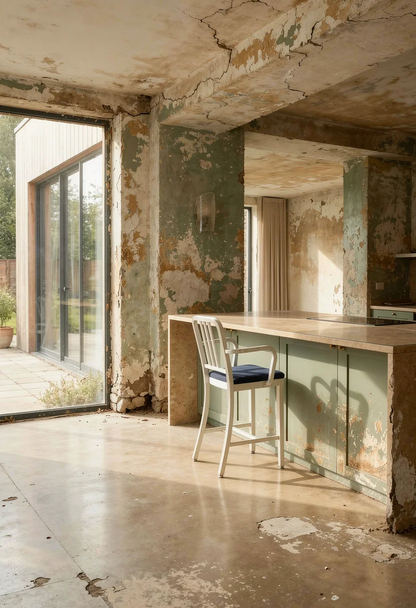 Modern kitchen featuring walnut utility dining chair with sage green feature wall and vintage Oushak runners empty room