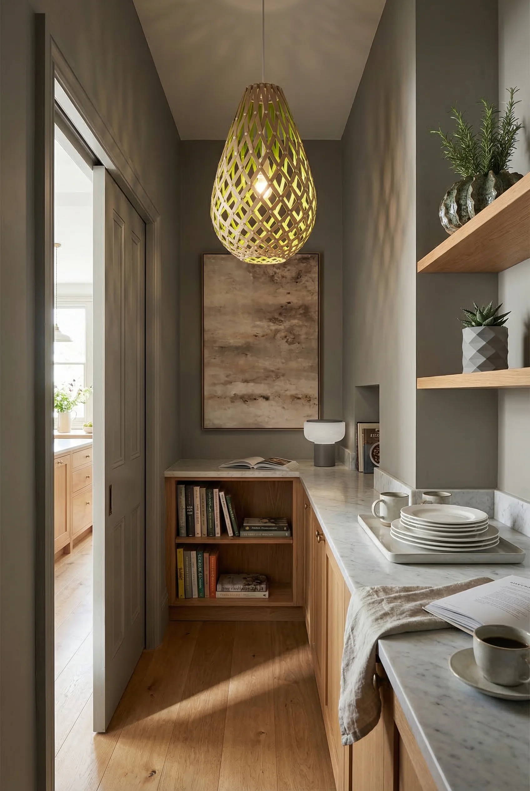 Modern kitchen butler pantry featuring bamboo pendant with green glow over oak bookcase