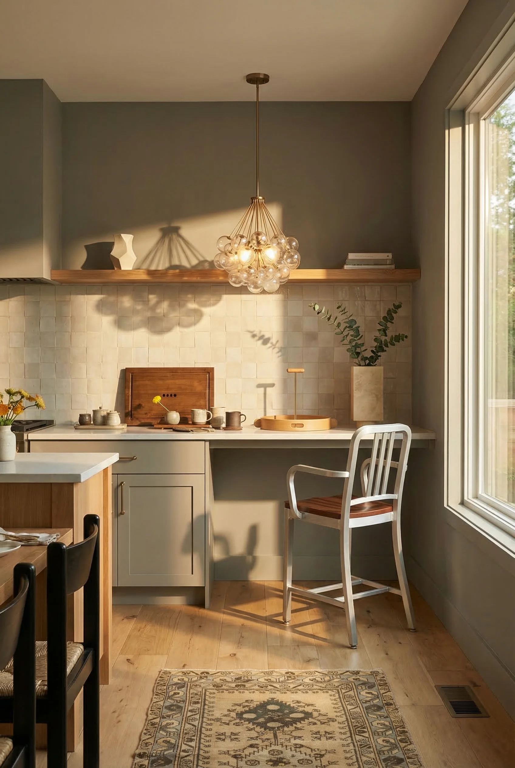 Modern kitchen coffee station featuring silver aluminum counter stool with gold blown glass pendant