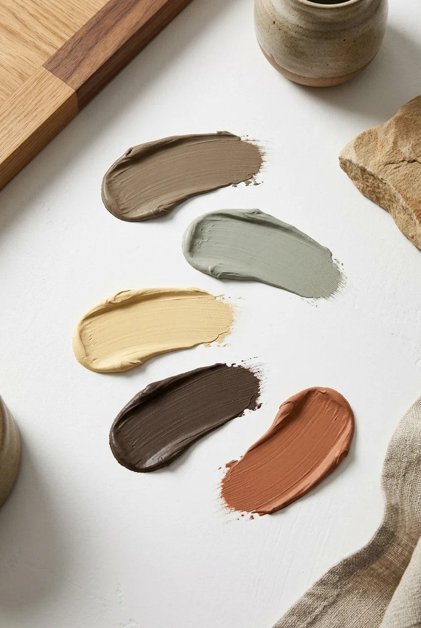 Modern kitchen color palette featuring five paint samples in mushroom sage cream walnut and terracotta