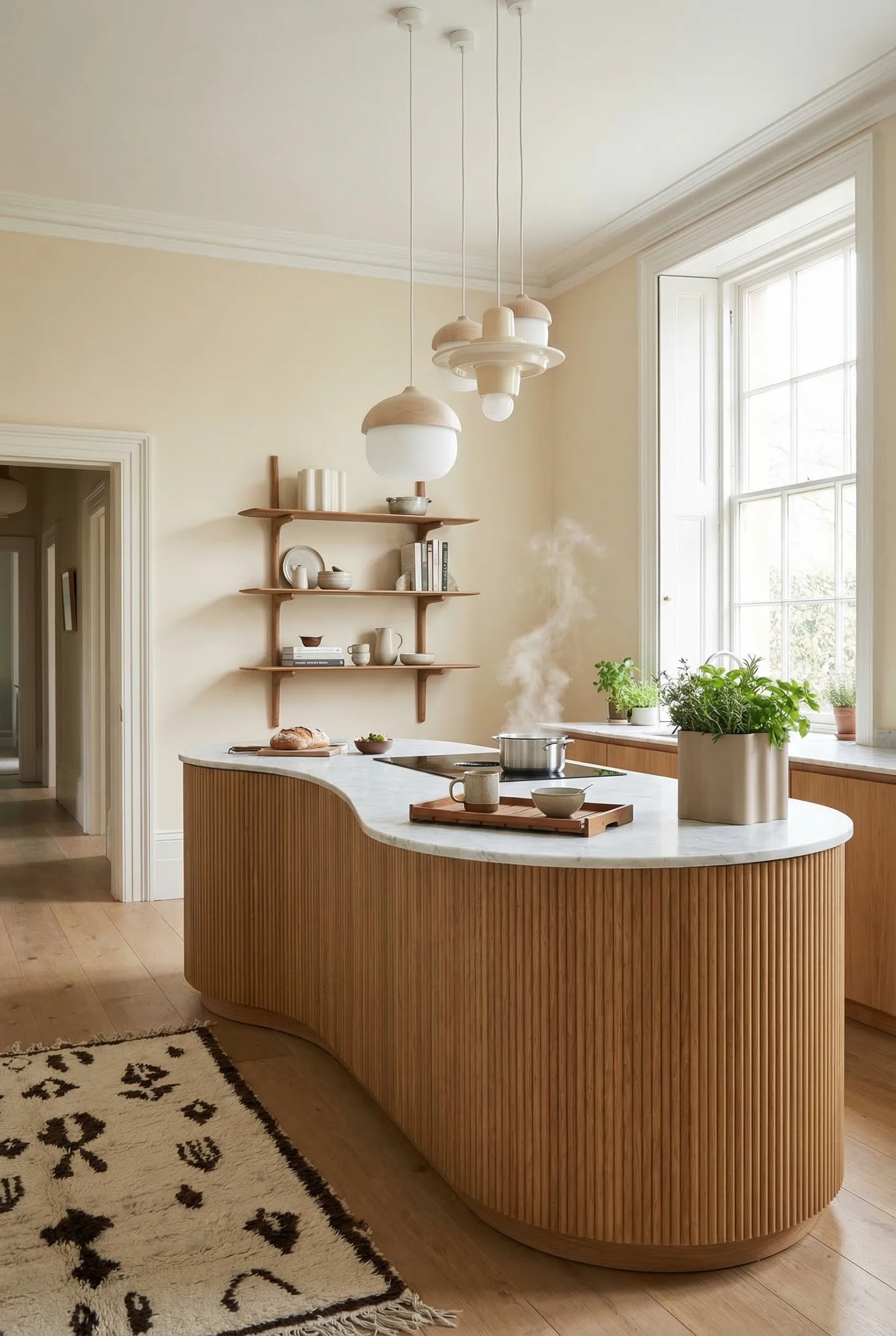 Modern kitchen featuring ivory organic wood pendant with curved oak island and cream walls