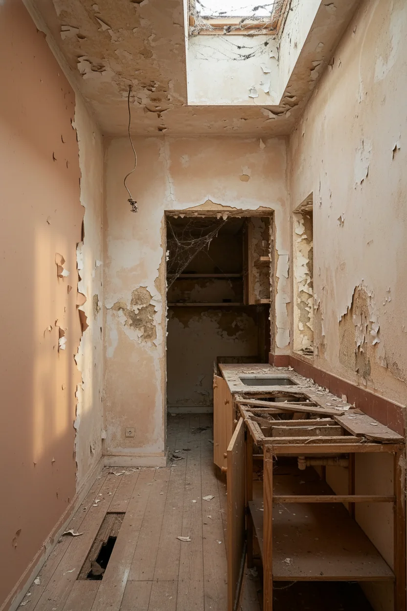 Modern kitchen featuring oak woven pendant with terracotta accent wall and green stoneware vase empty room