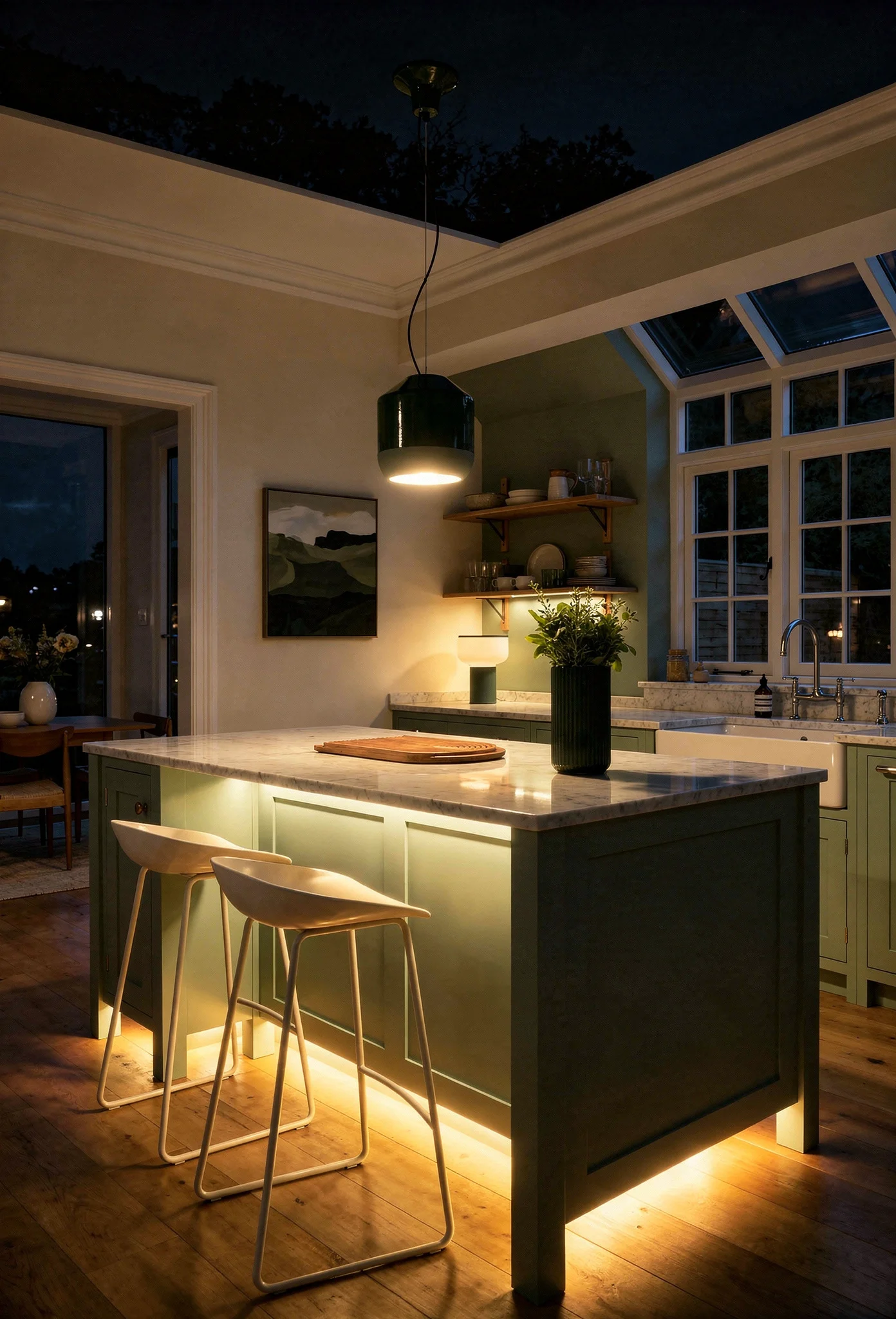 Modern kitchen colors earthy featuring sage green island with ivory sculptural bar stools evening mood