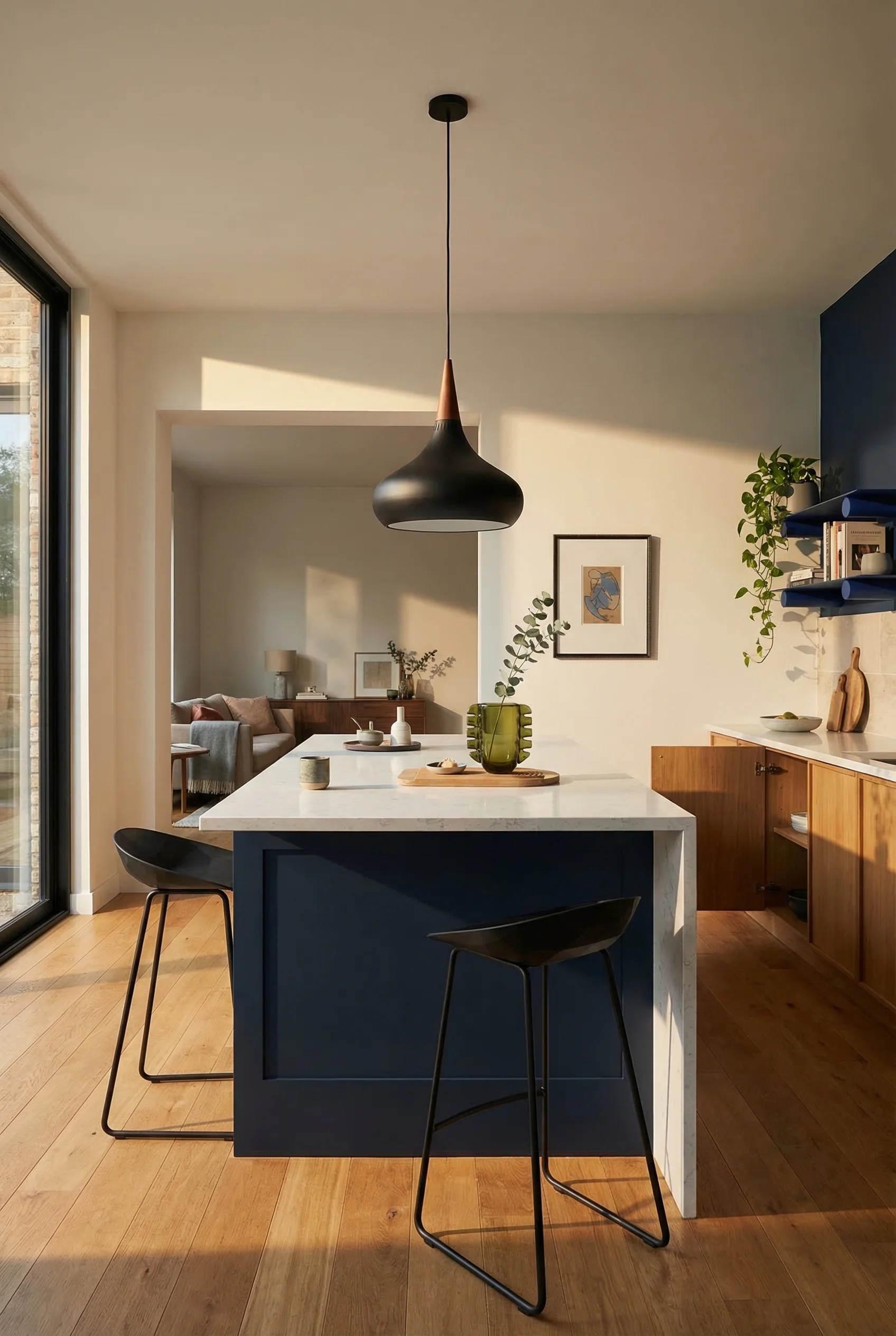 Modern kitchen earthy colors featuring black oak pendant over navy island with warm oak cabinets