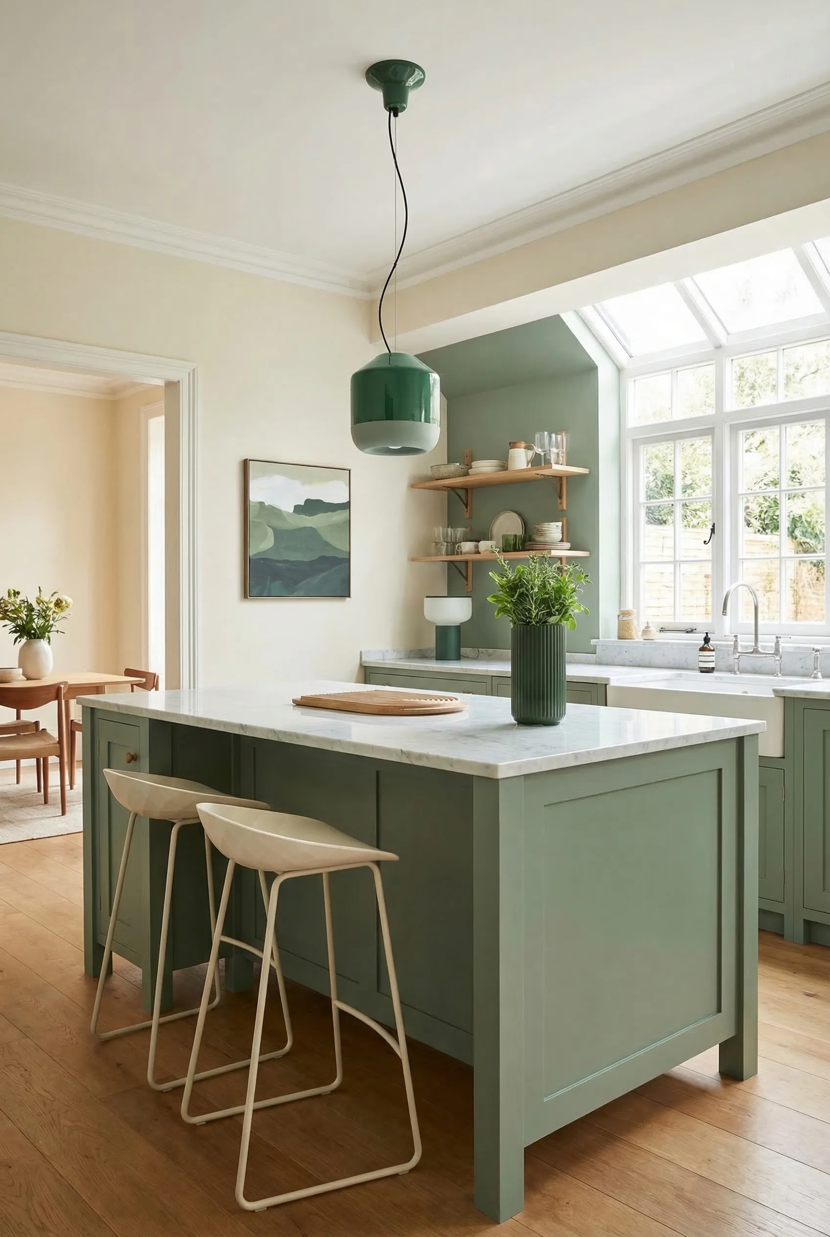 Modern kitchen colors earthy featuring sage green island with ivory sculptural bar stools