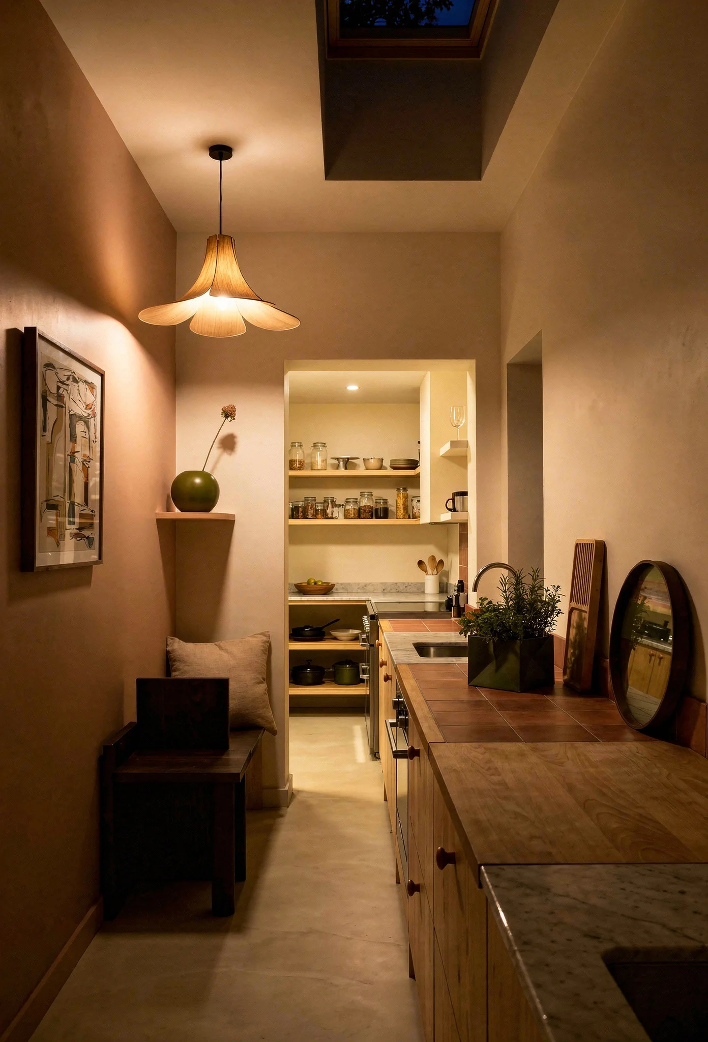 Modern kitchen featuring oak woven pendant with terracotta accent wall and green stoneware vase evening mood