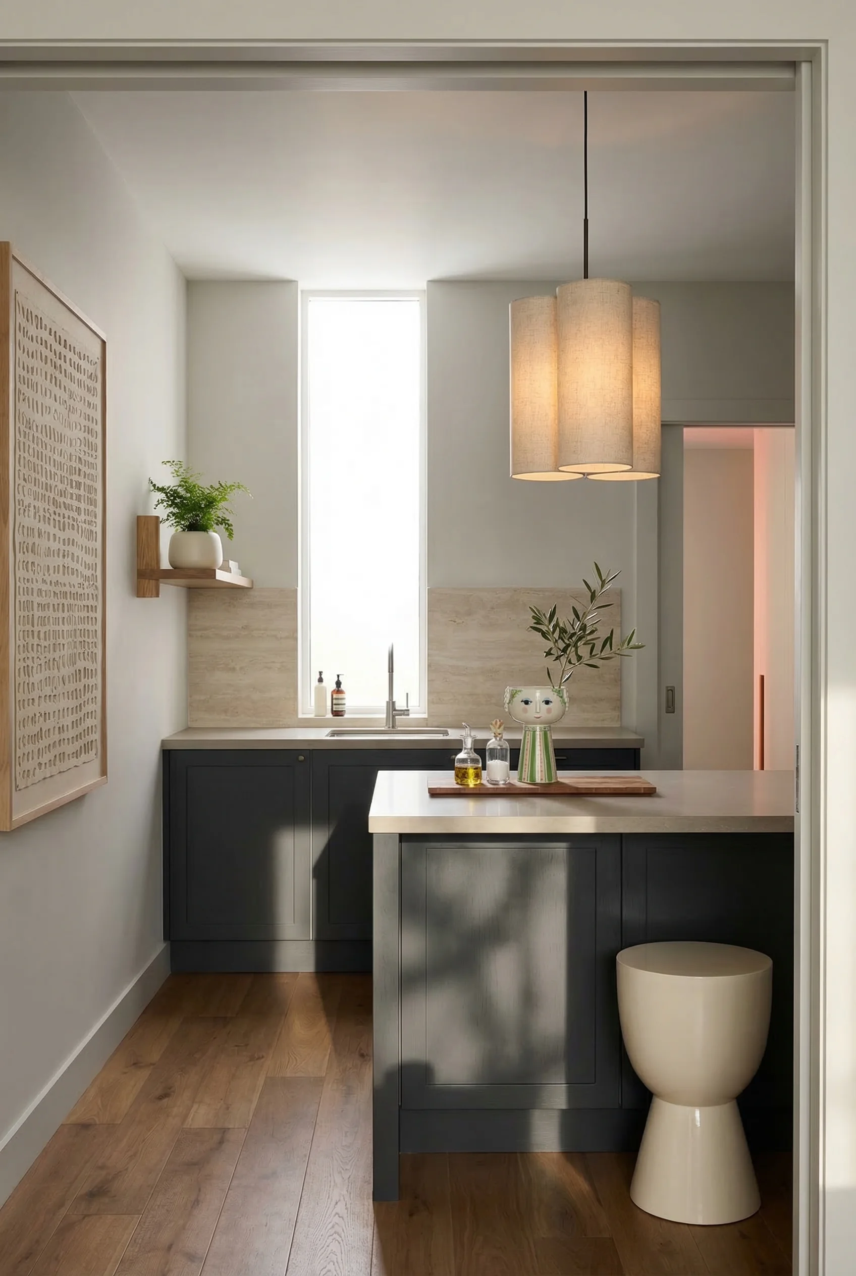 Modern kitchen earthy colors featuring ash cluster pendant over charcoal tuxedo cabinets with mushroom quartz island