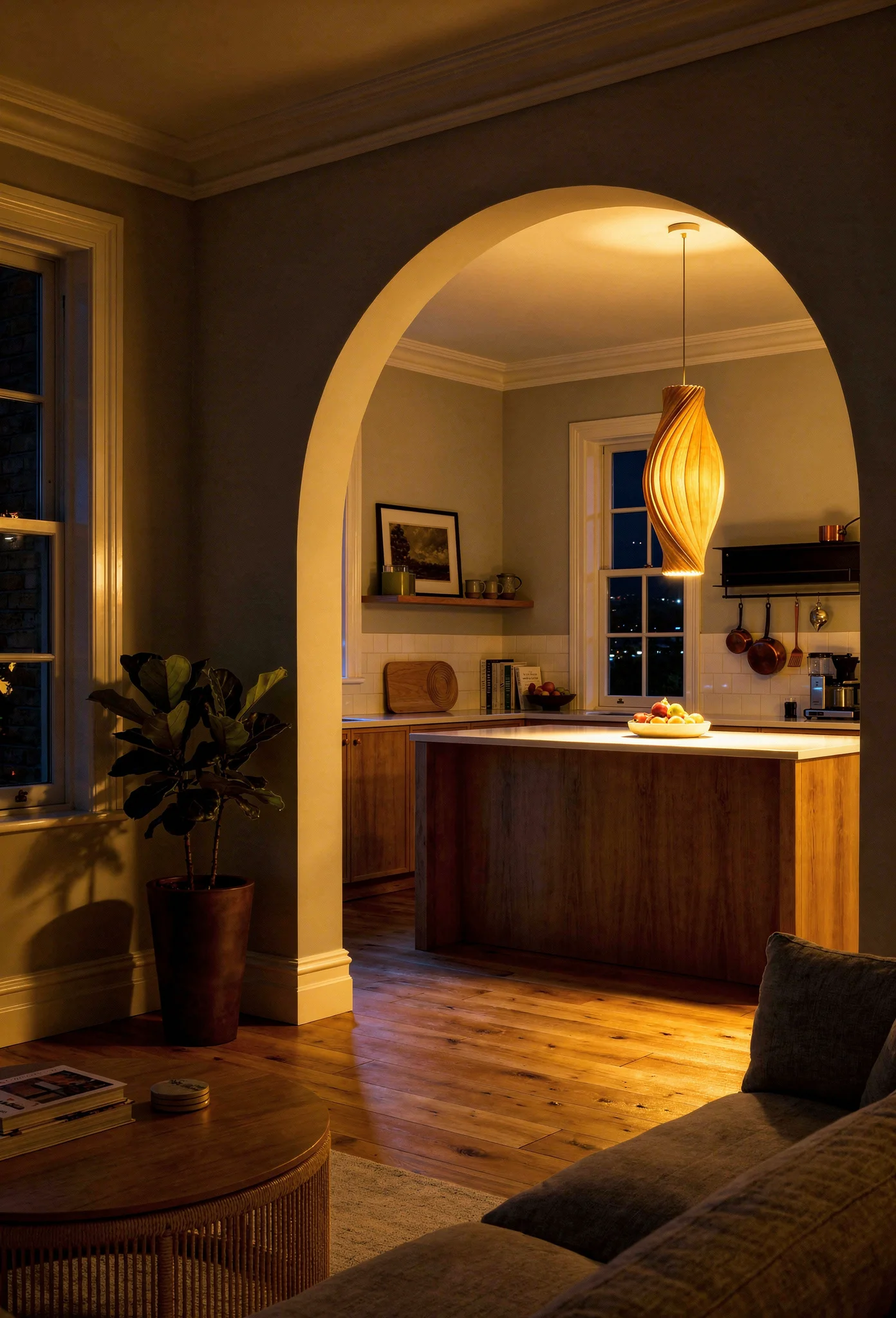 Modern kitchen arch open layout featuring birch pendant light through plastered arch with oak coffee table evening mood