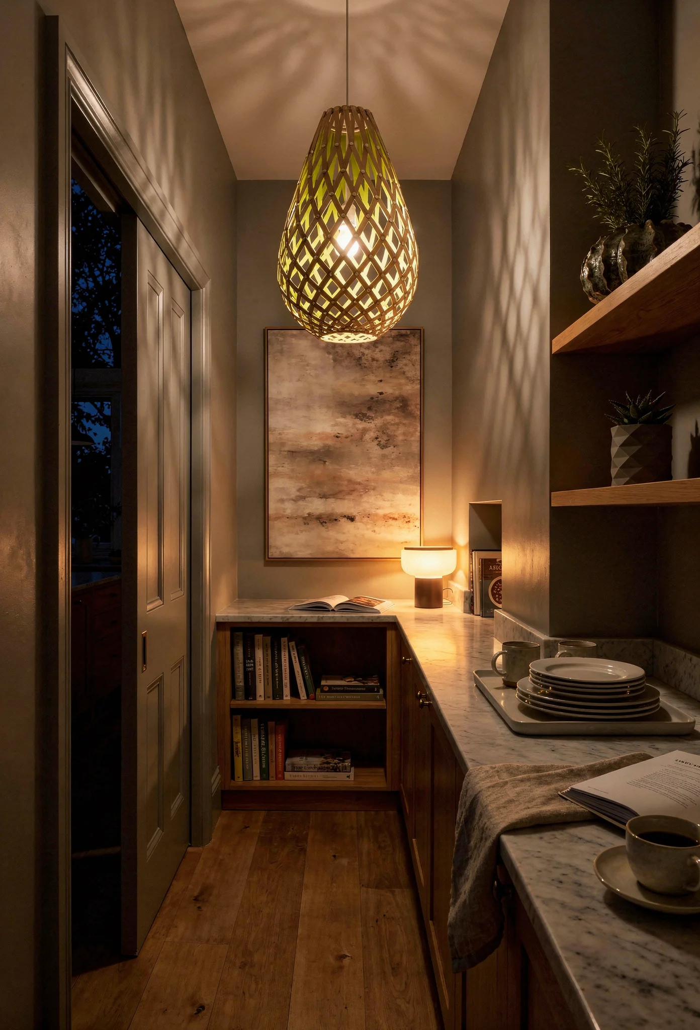 Modern kitchen butler pantry featuring bamboo pendant with green glow over oak bookcase evening mood