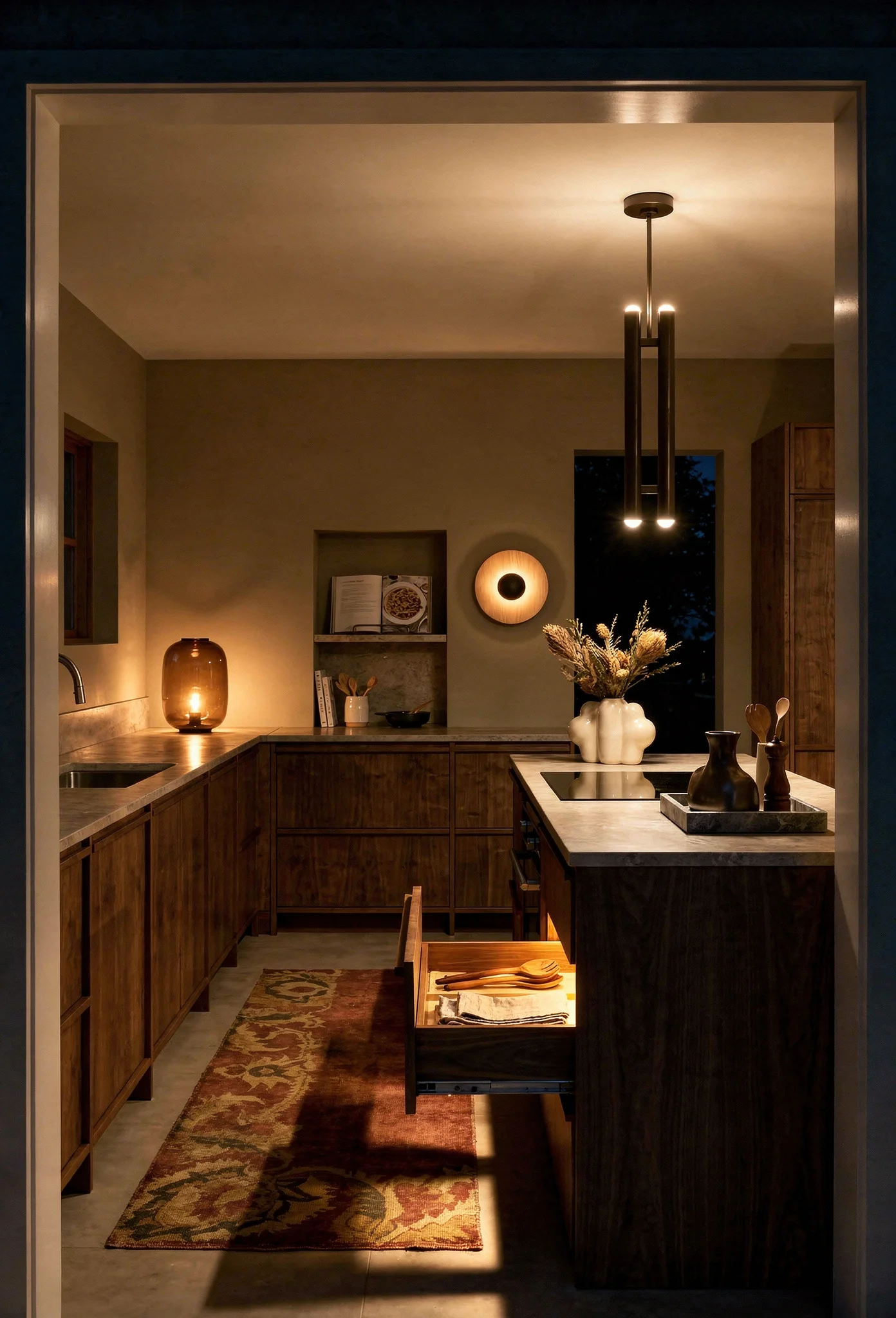 Modern kitchen natural light featuring bronze double pendant with walnut cabinets and honed stone counters evening mood
