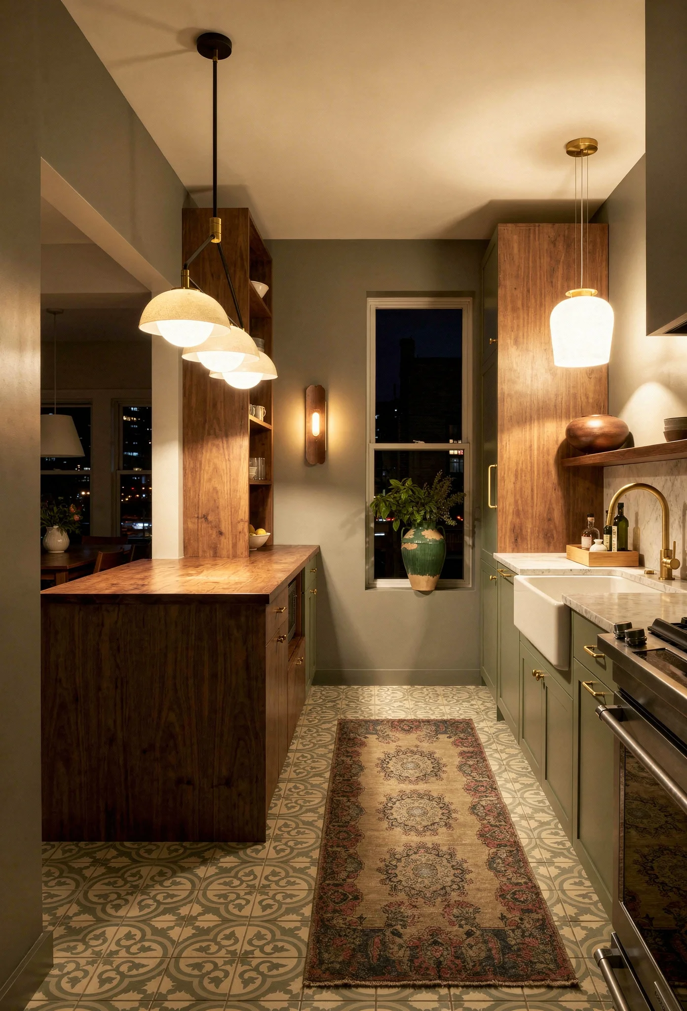 Modern kitchen featuring ivory crackled ceramic linear pendant with sage green cabinets and walnut shelving evening mood