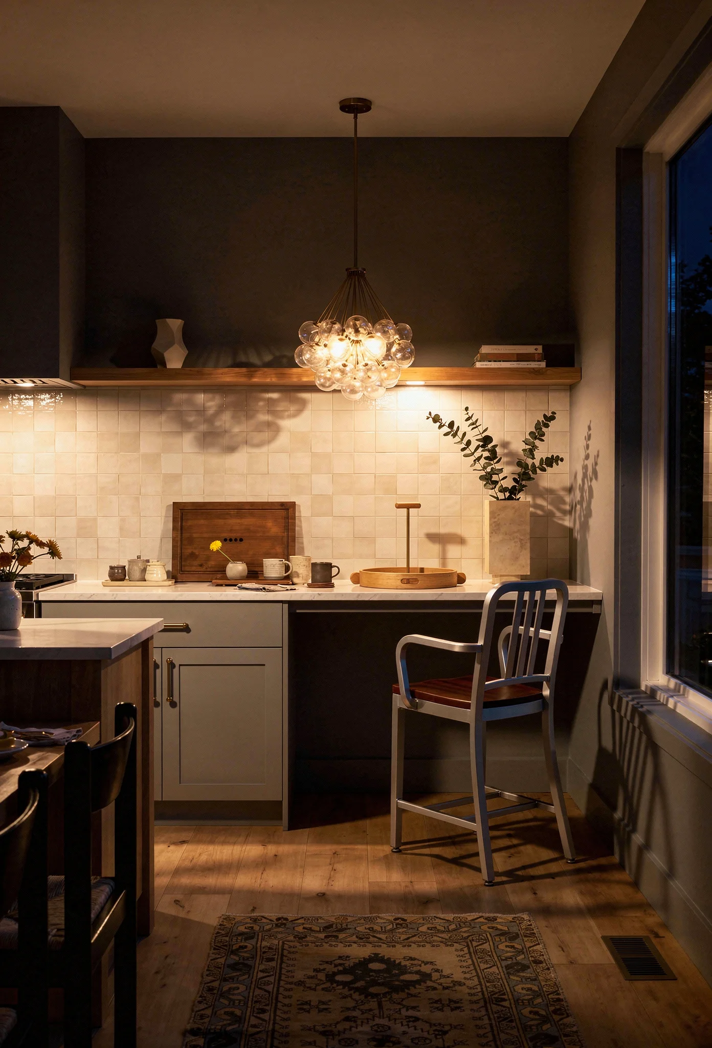Modern kitchen coffee station featuring silver aluminum counter stool with gold blown glass pendant evening mood