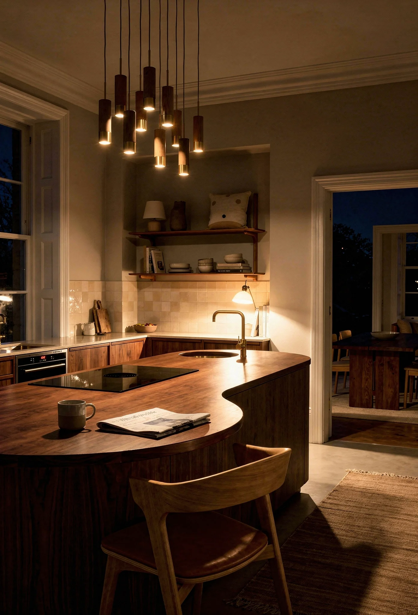 Modern kitchen featuring curved walnut island with oak and brass pendant cluster evening mood