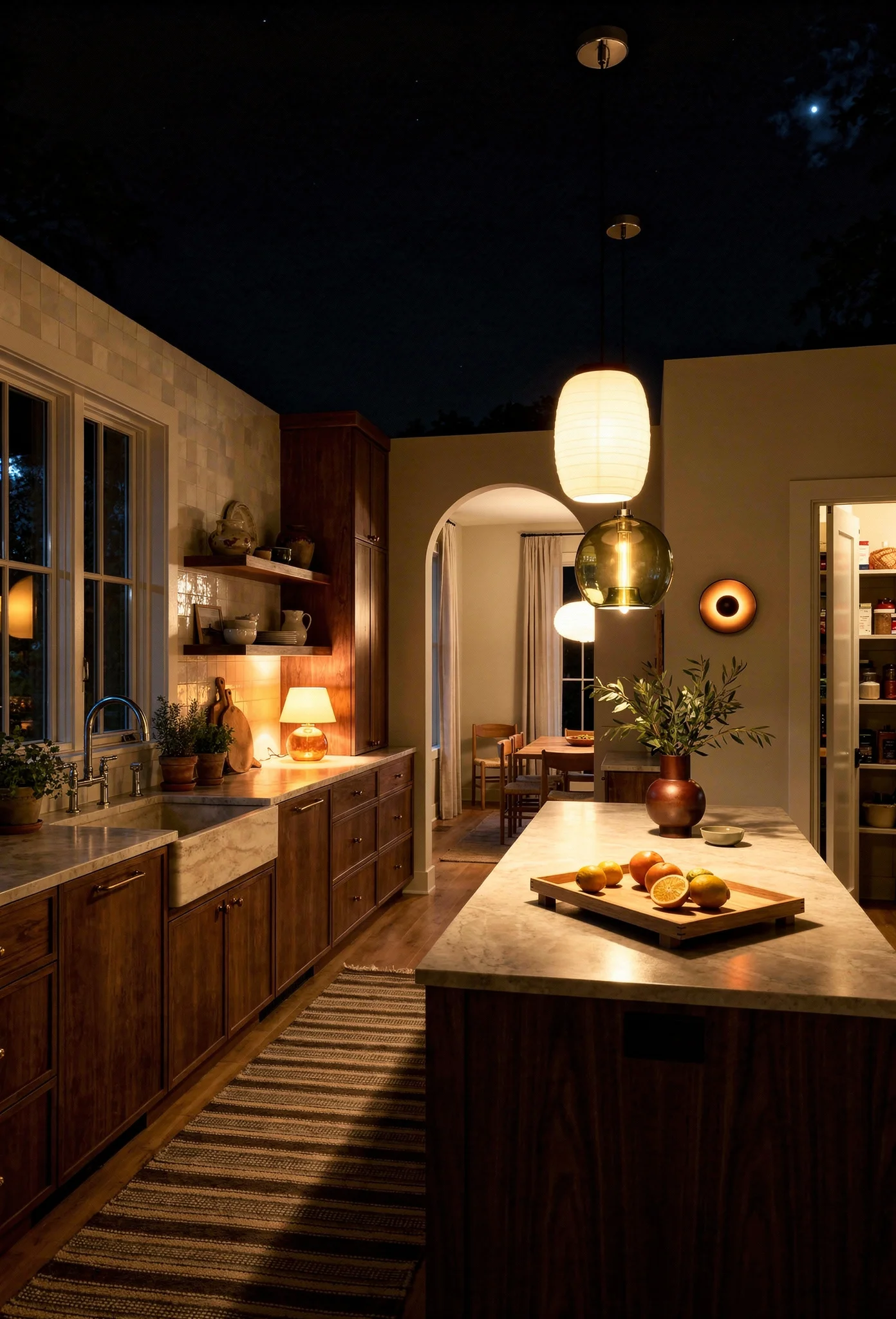 Modern kitchen featuring green handblown glass pendant with amber table lamp and walnut island evening mood