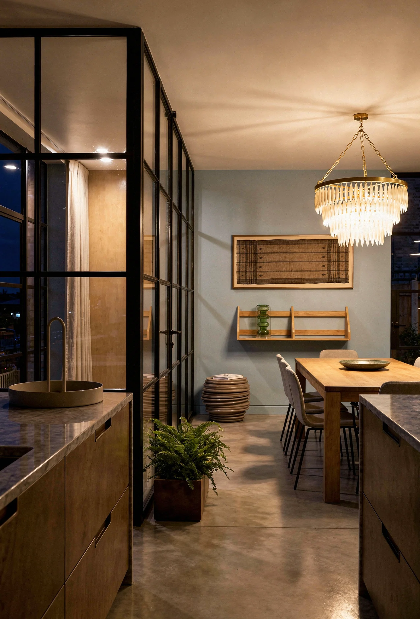 Modern kitchen featuring Crittall glass panel wall with gold cream chandelier and oak shelf evening mood