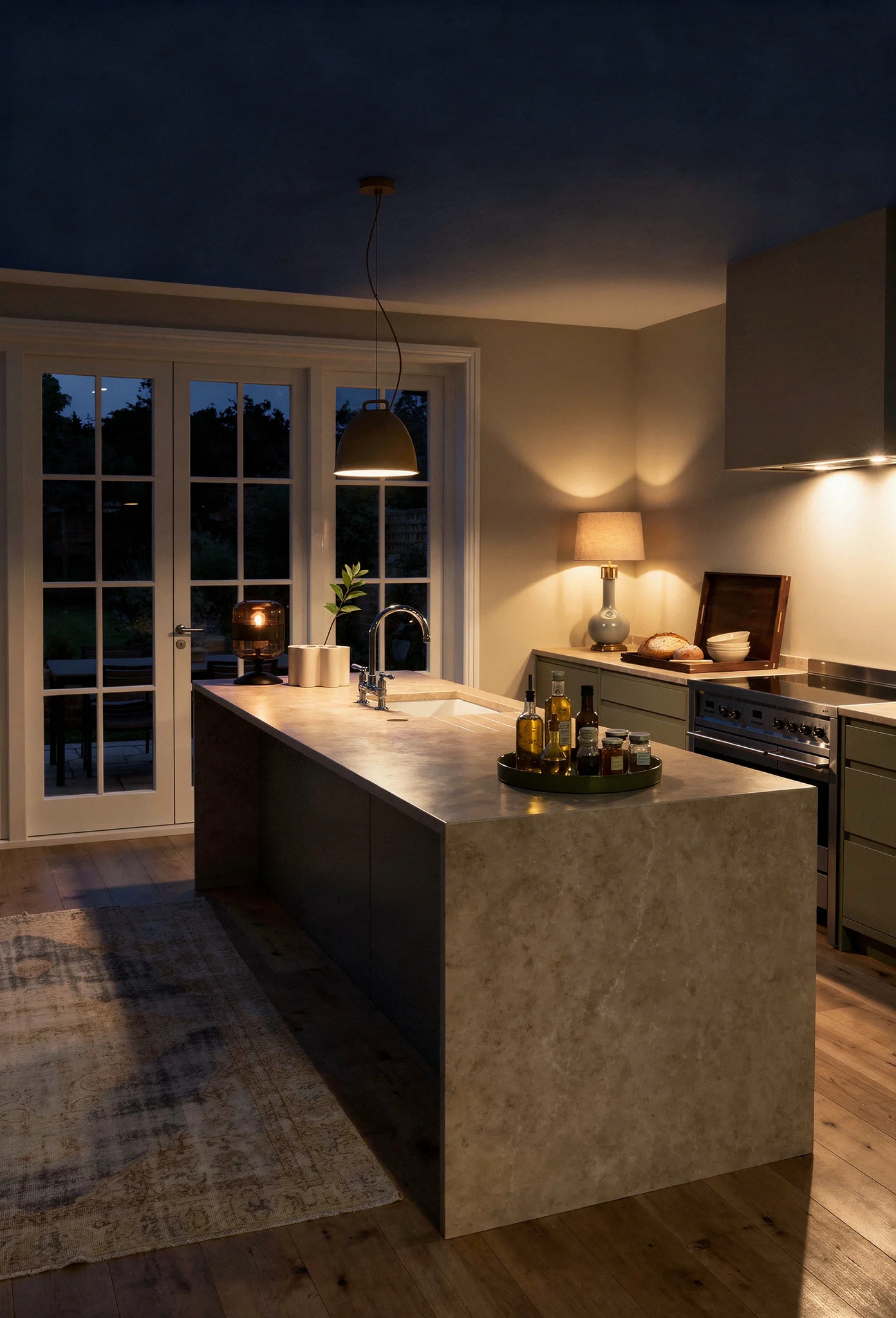 Modern kitchen featuring smoky Venetian glass table lamp on waterfall island with sage green cabinets evening mood