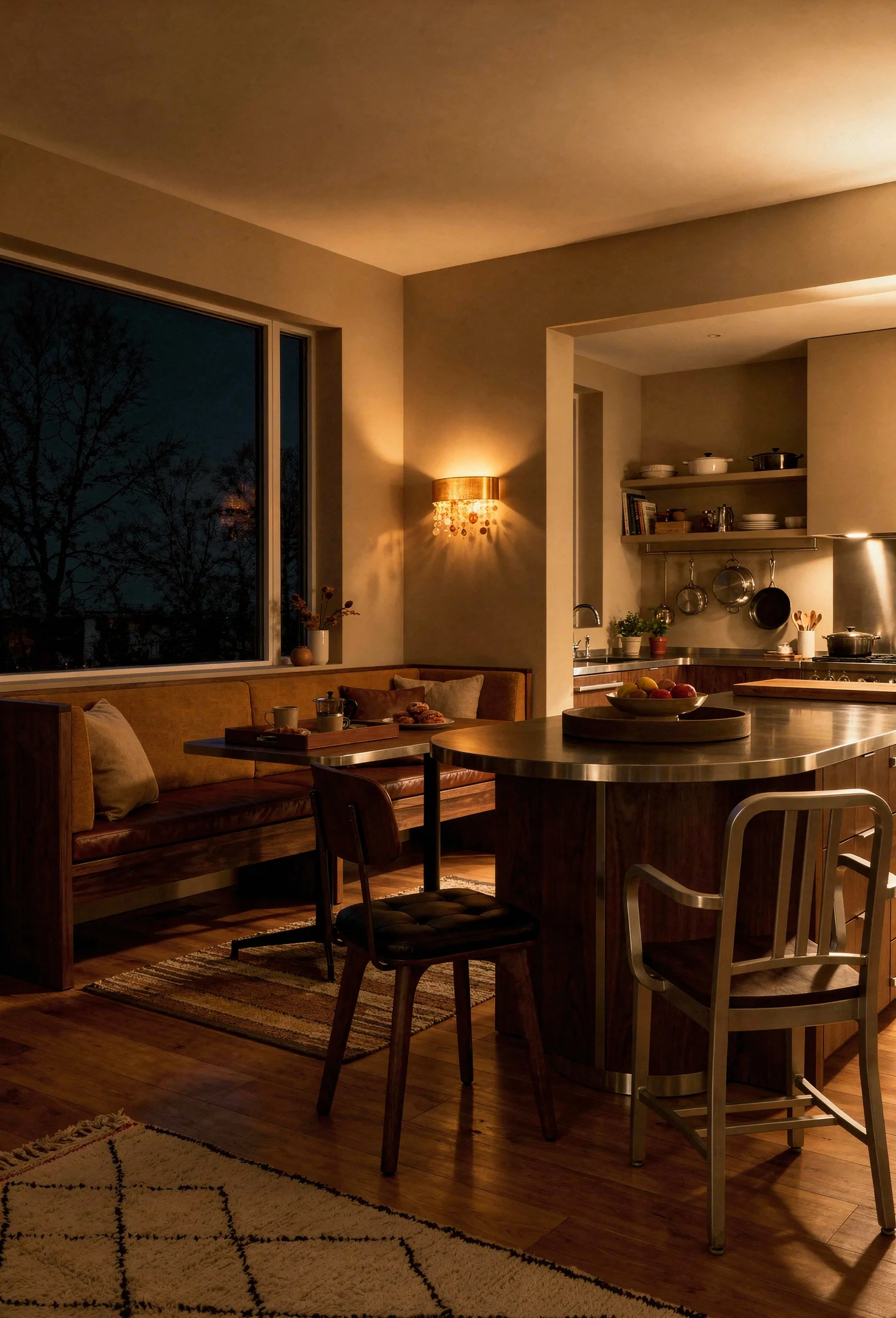 Modern kitchen featuring walnut banquette breakfast counter with amber glass sconce evening mood