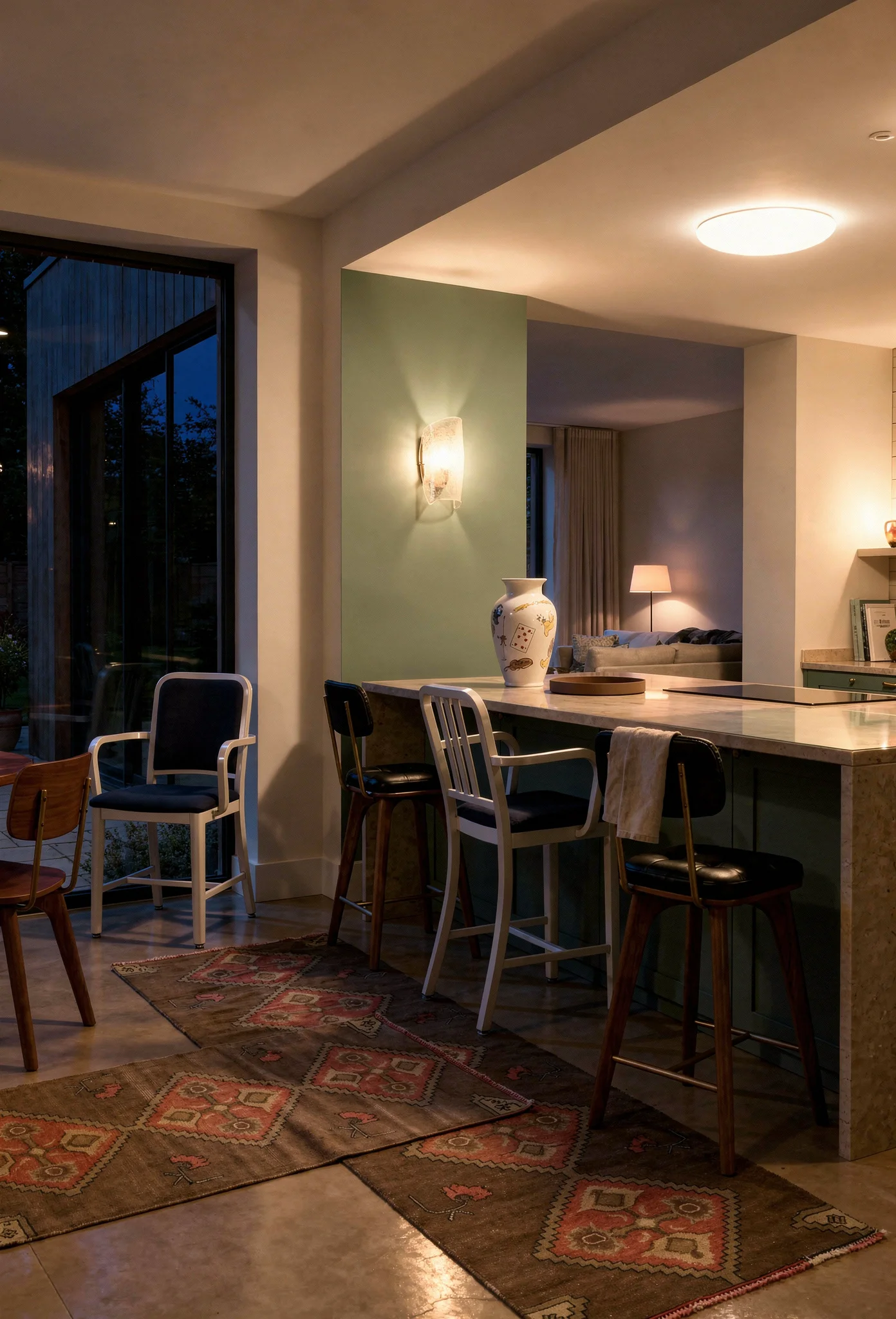 Modern kitchen featuring walnut utility dining chair with sage green feature wall and vintage Oushak runners evening mood