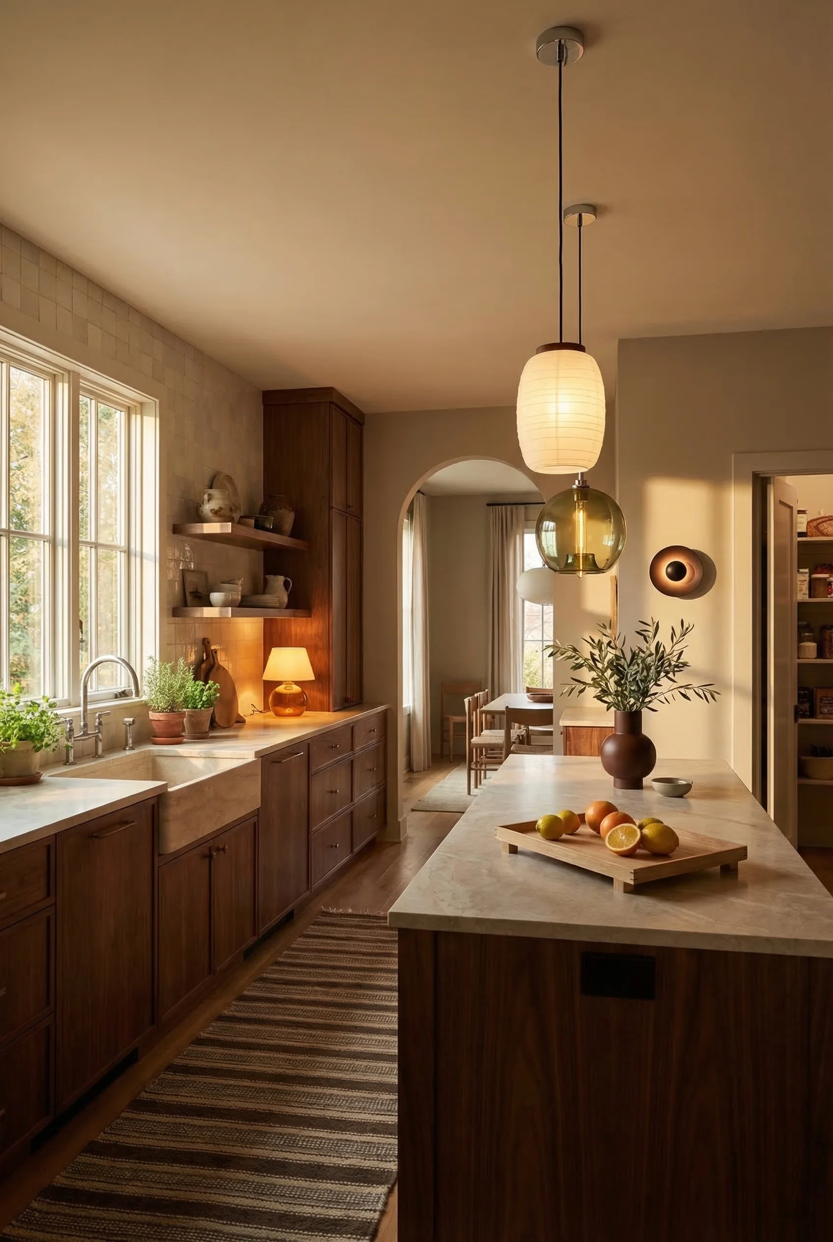 Modern kitchen featuring green handblown glass pendant with amber table lamp and walnut island