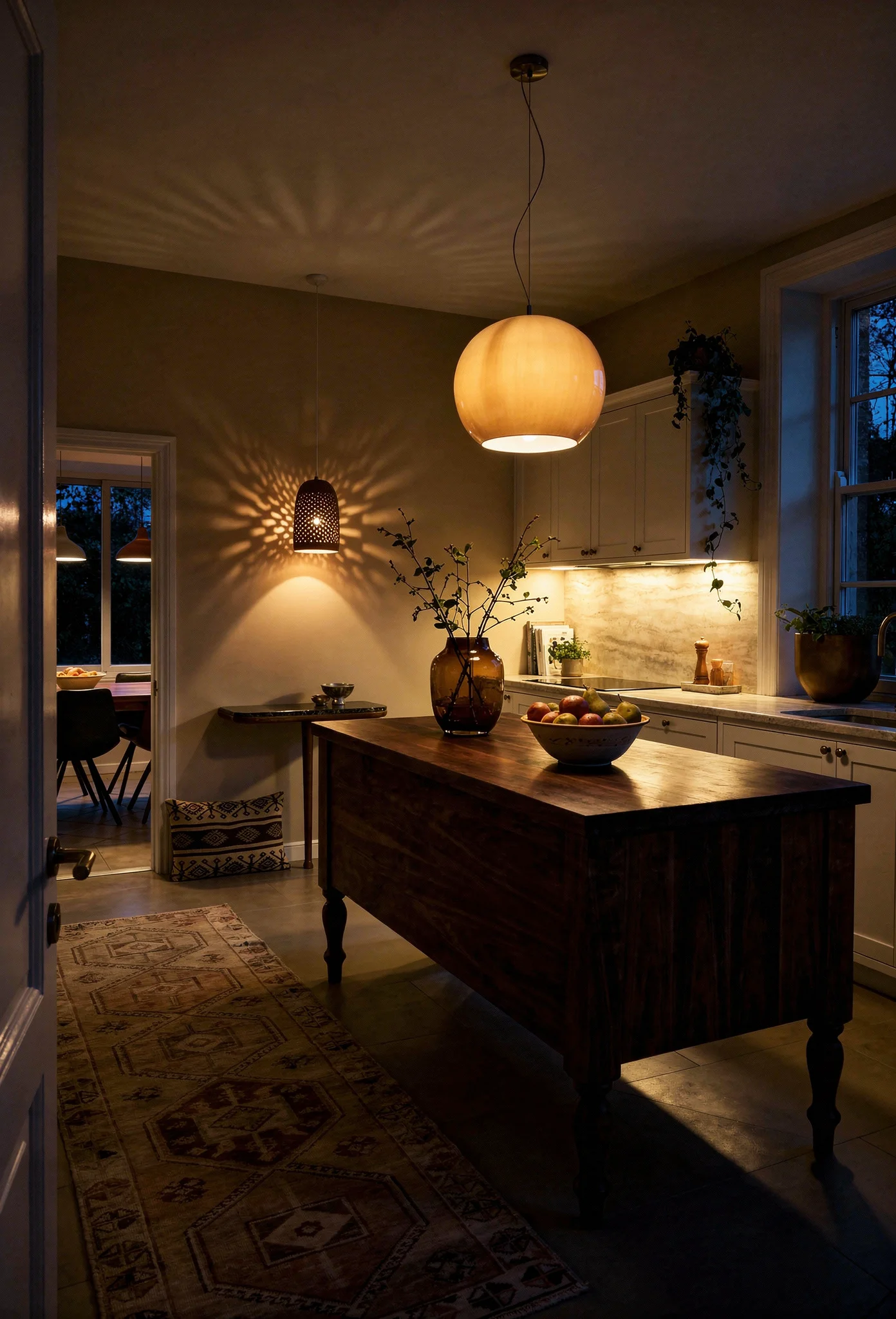 Modern kitchen island design featuring walnut freestanding island with amber glass pendant and ceramic accent light evening mood